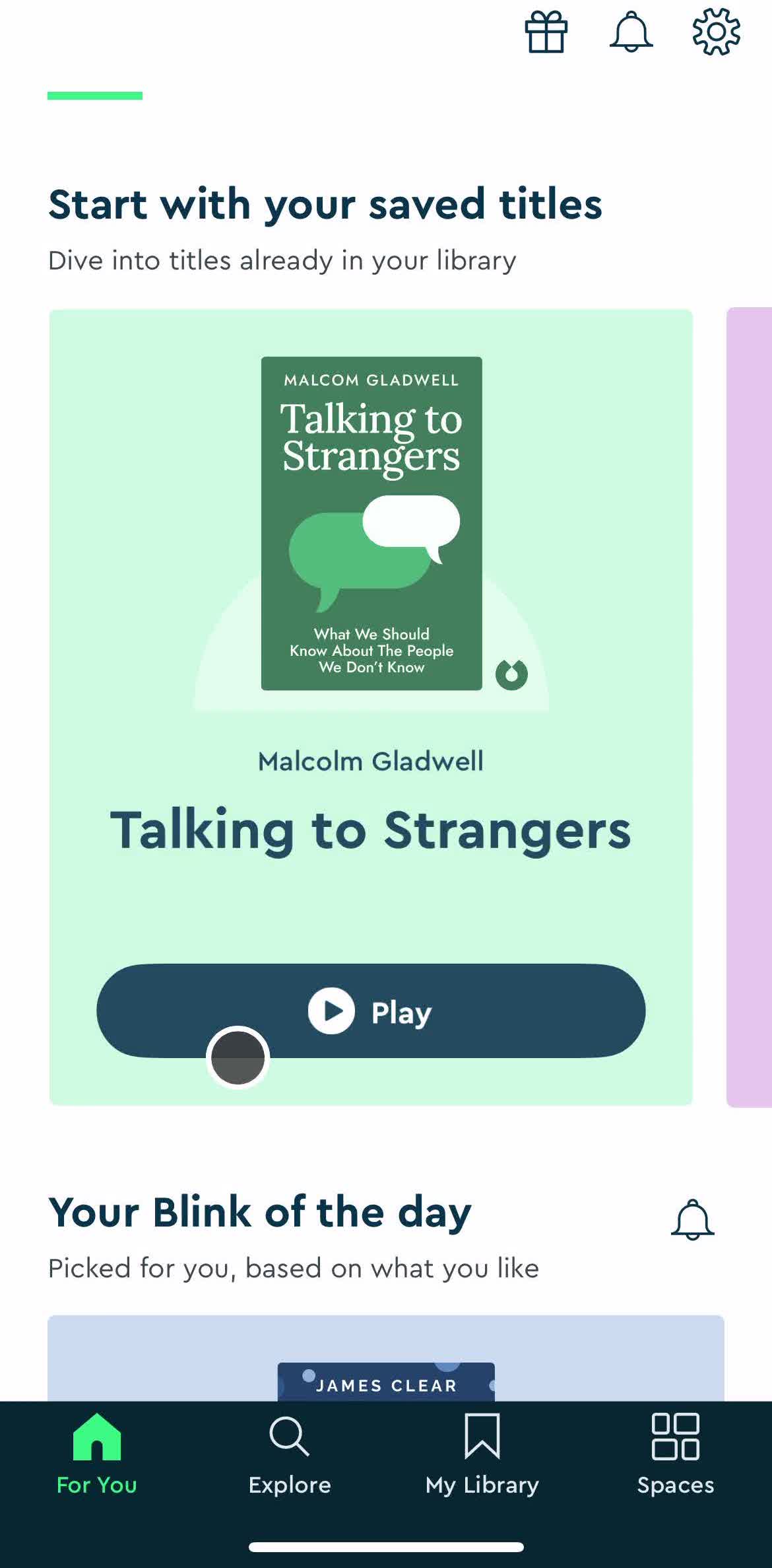 Blinkist Home screen in the Reading flow