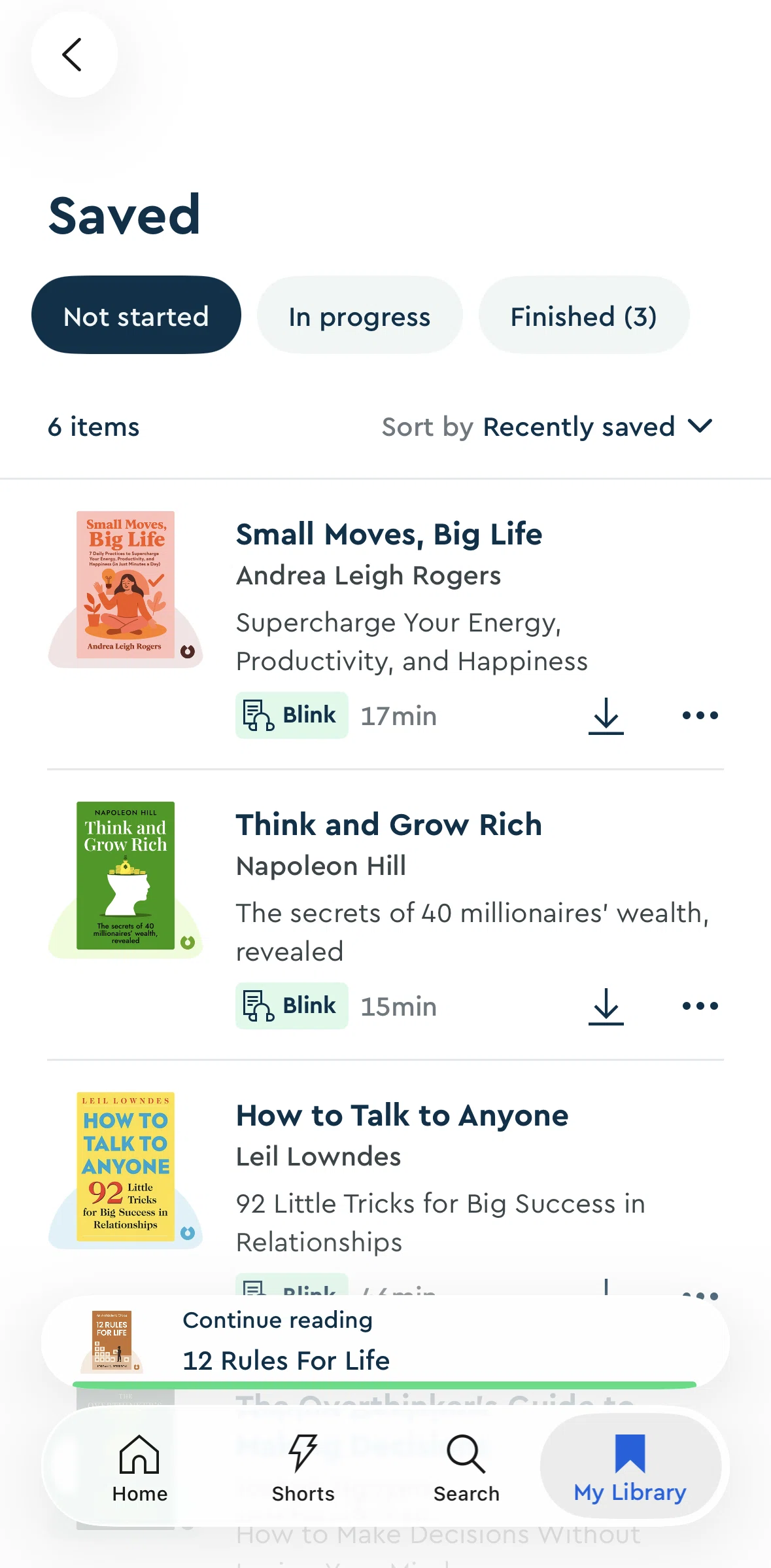 Blinkist Screen screen in the Sorting saved flow