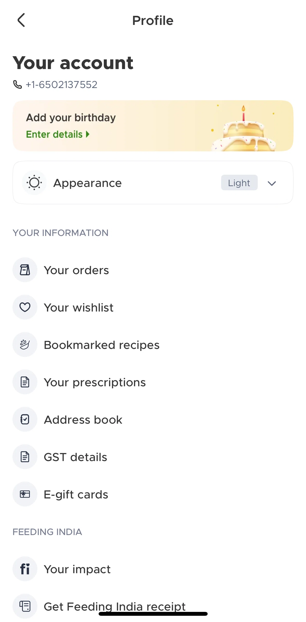Blinkit Screen screen in the Adding birthday details flow
