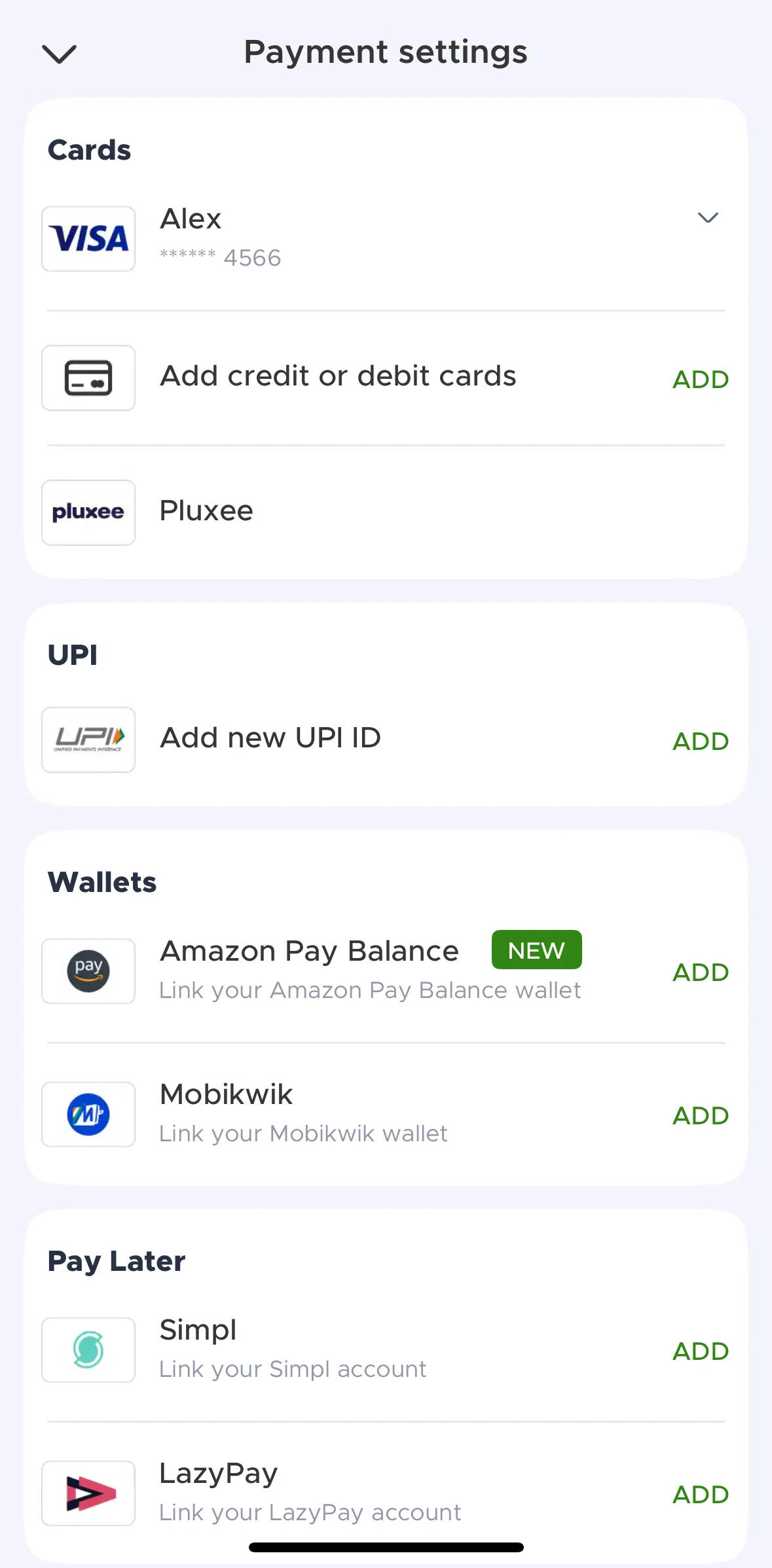 Blinkit Screen screen in the Deleting a payment card flow