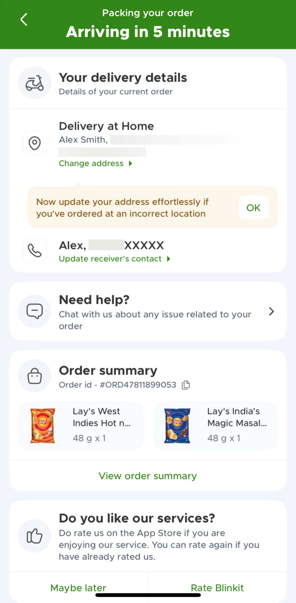 Blinkit Screen screen in the Order summary flow
