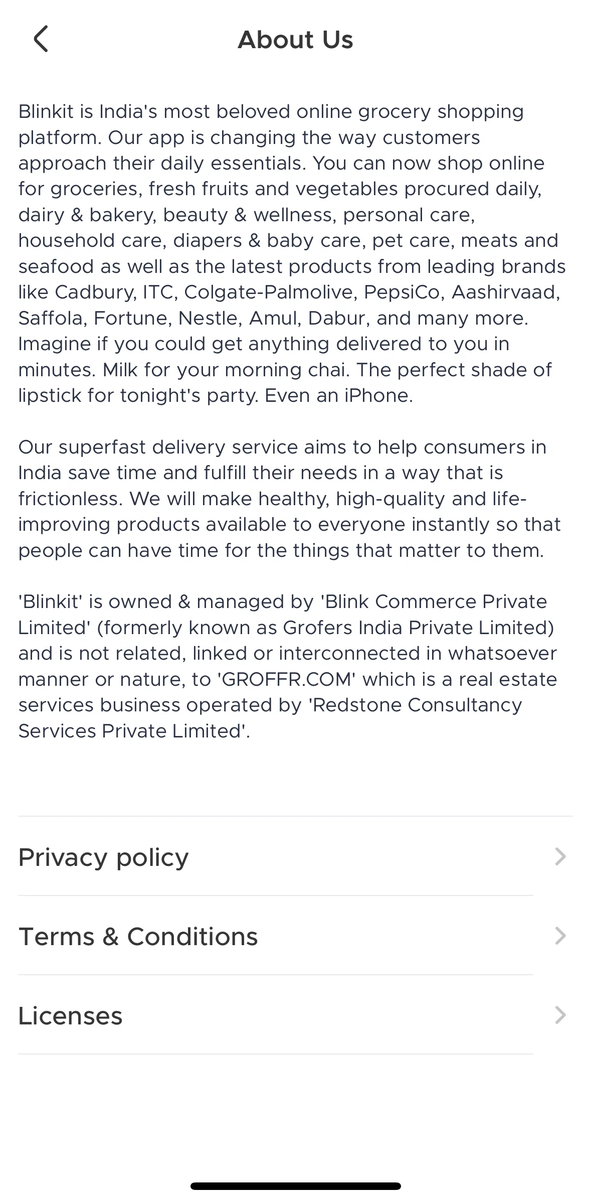 Blinkit Screen screen in the Privacy policy flow