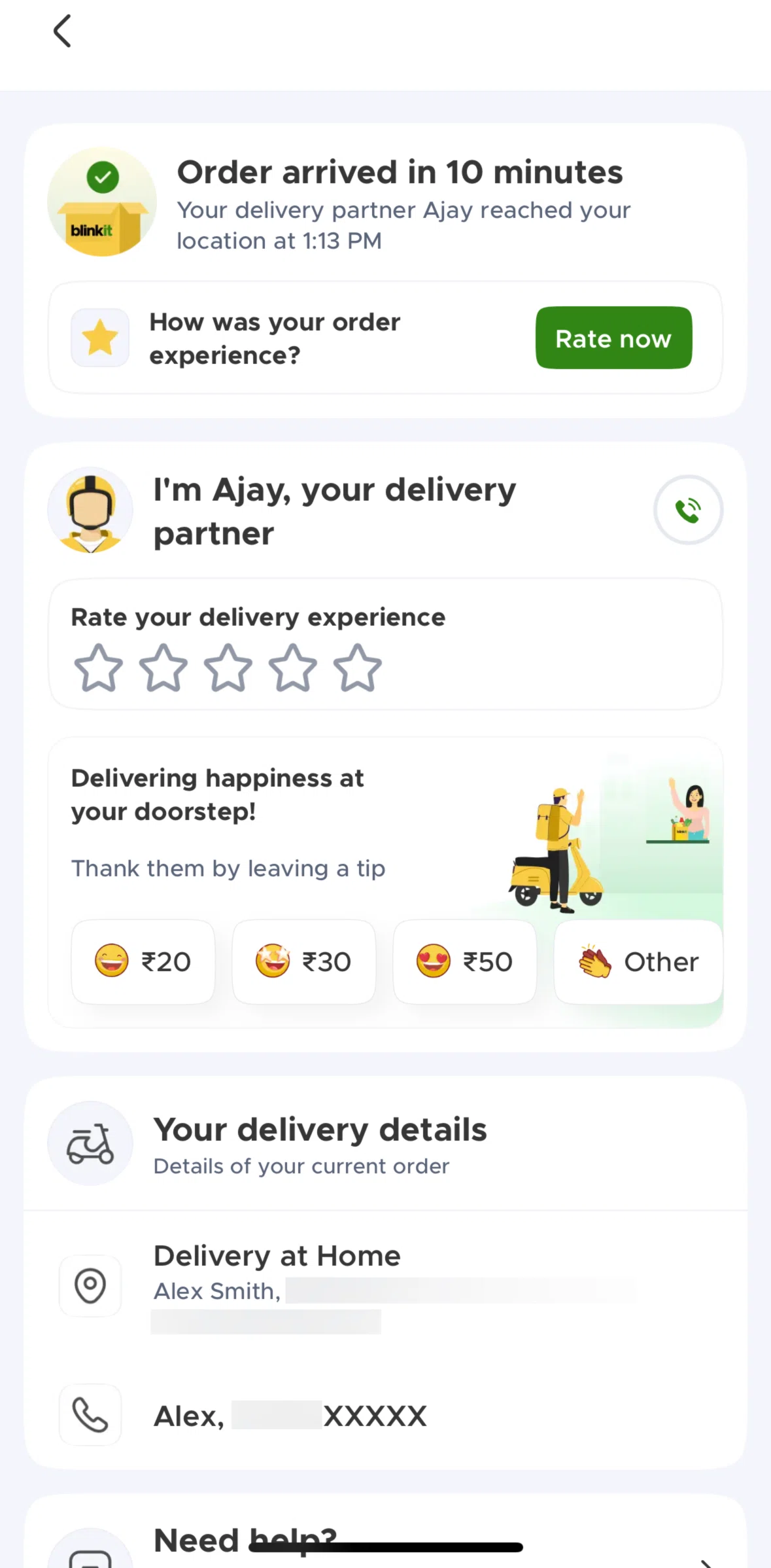 Blinkit Screen screen in the Rating an order flow