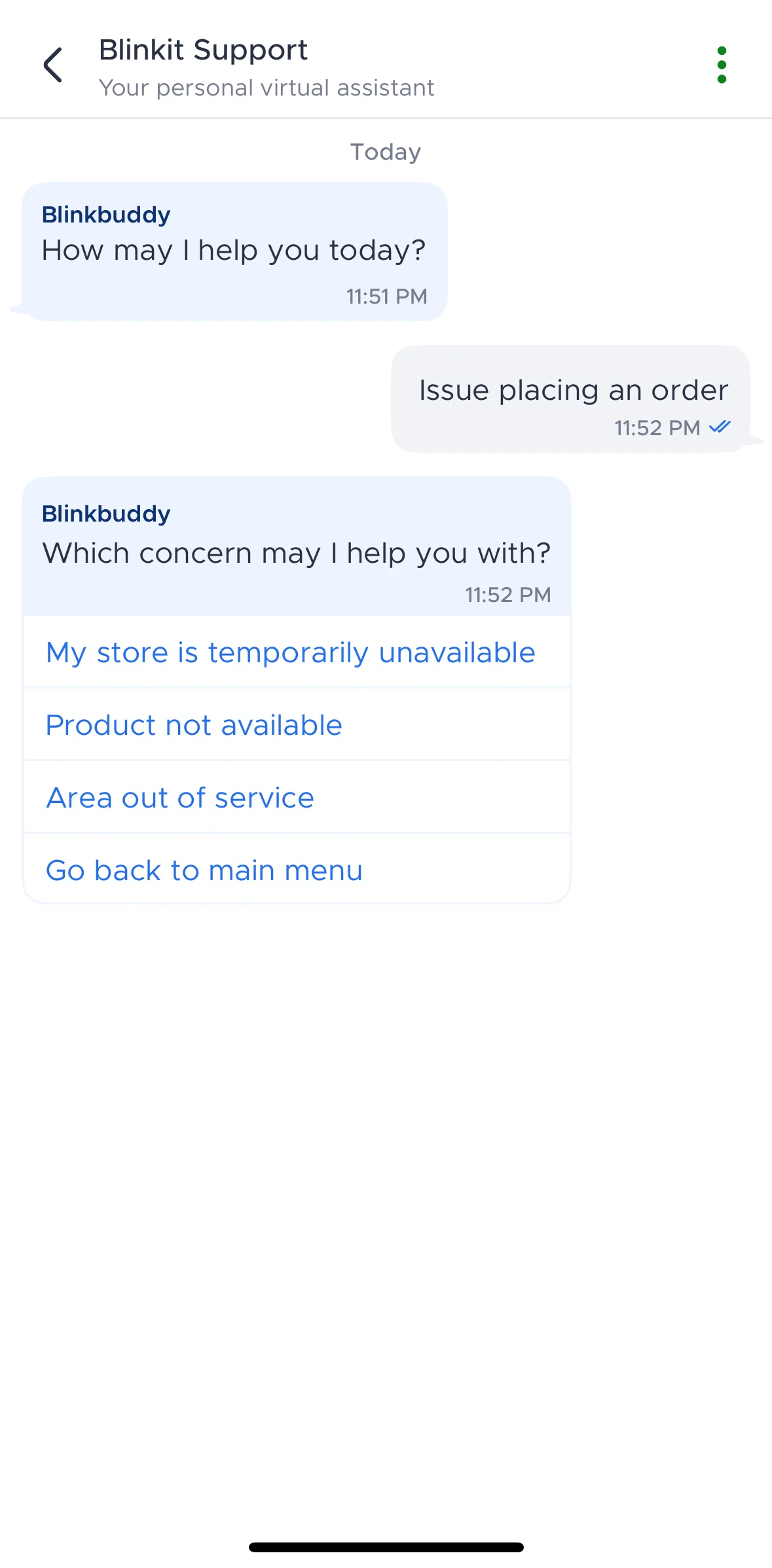 Blinkit Screen screen in the Resolving a chat flow