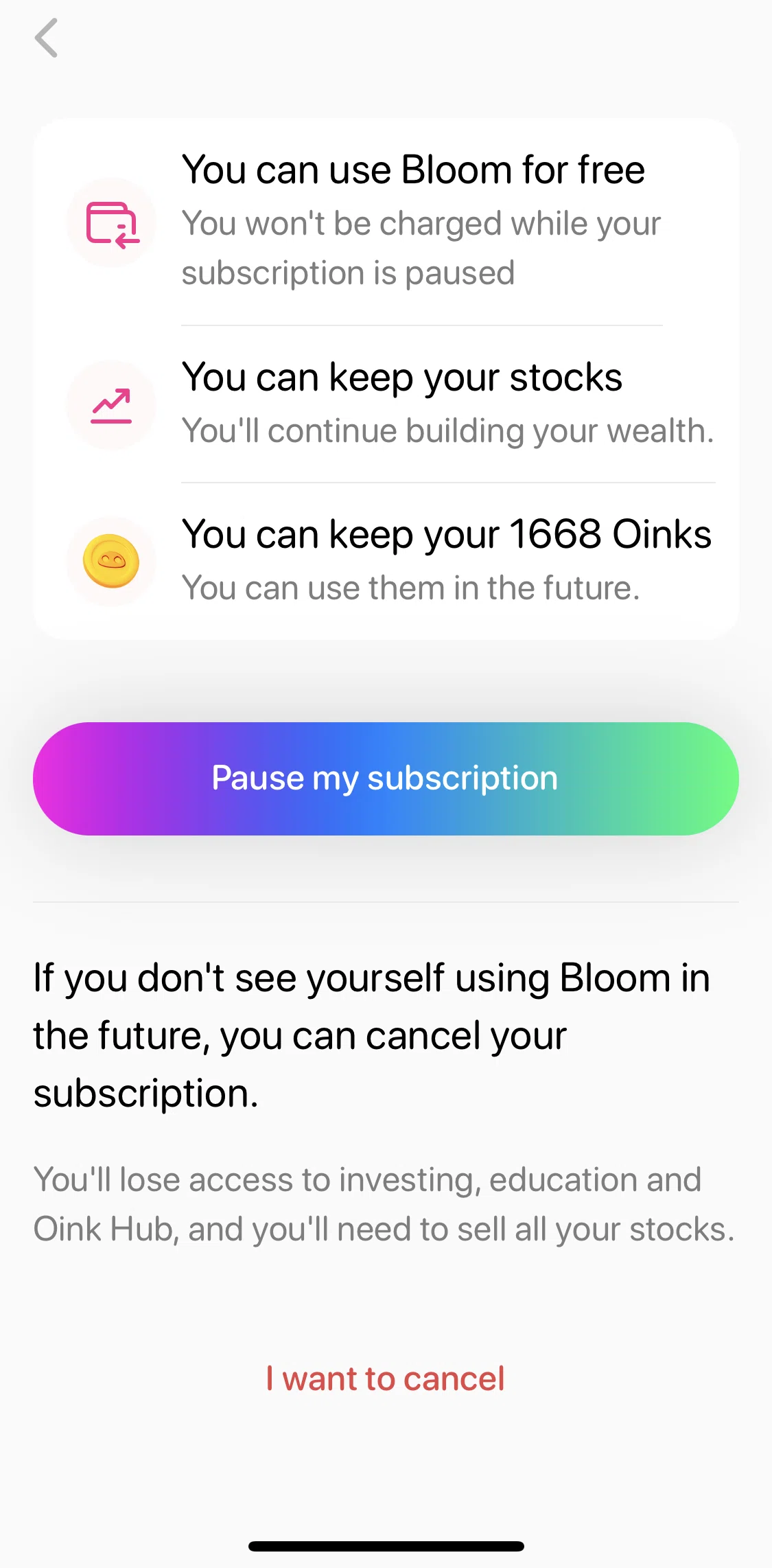 Bloom Screen screen in the Canceling my subscription flow