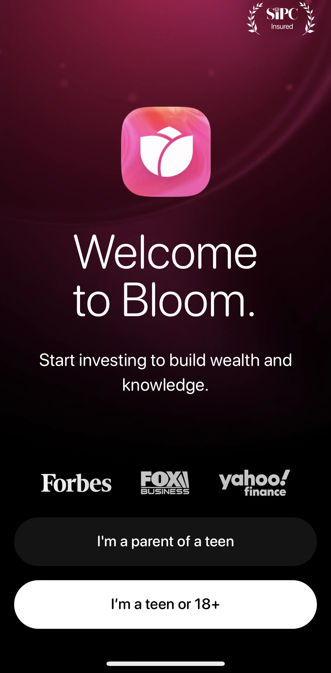 Bloom Screen screen in the Logging in flow