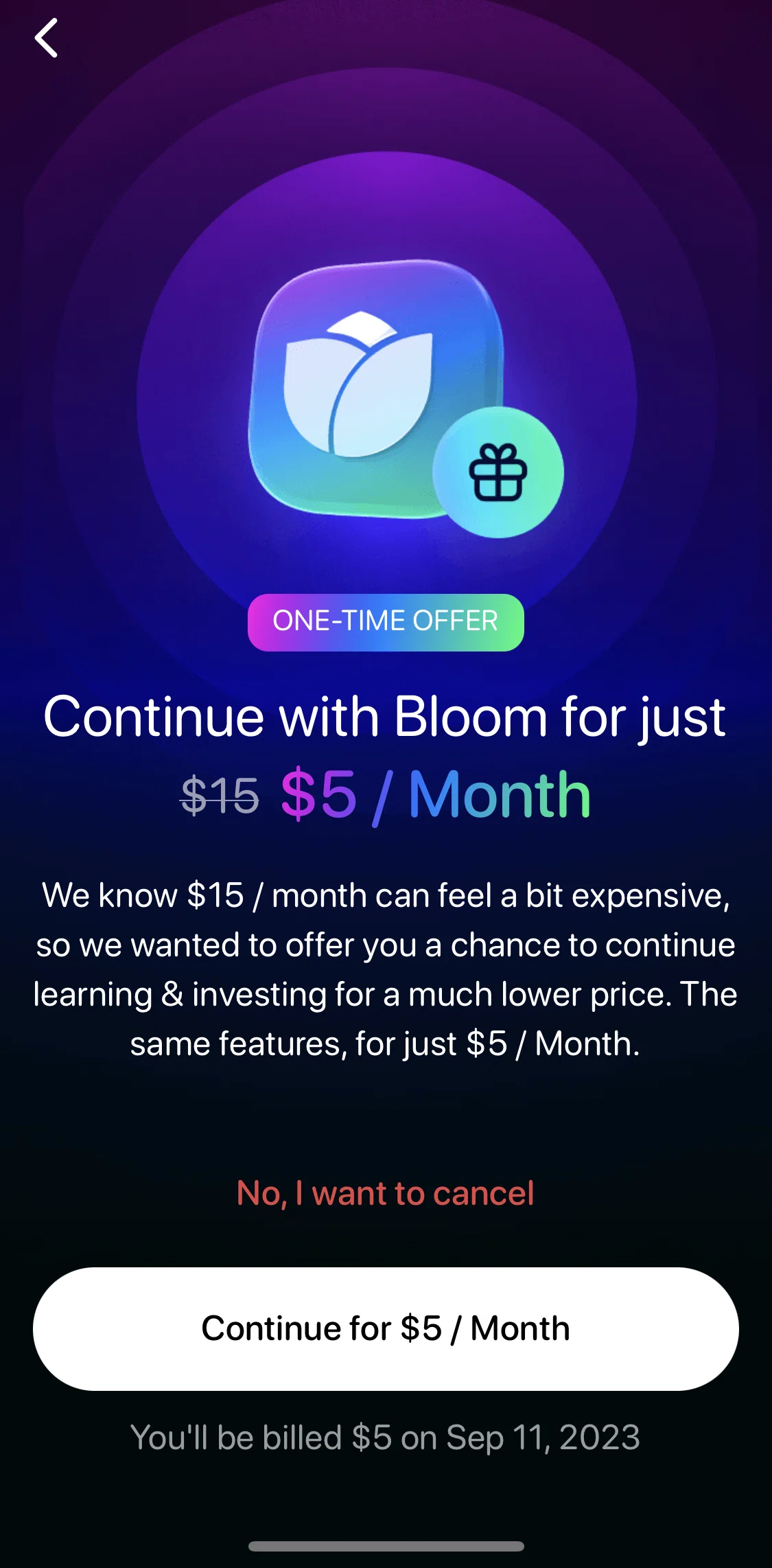 Bloom Screen screen in the Switching my subscription flow