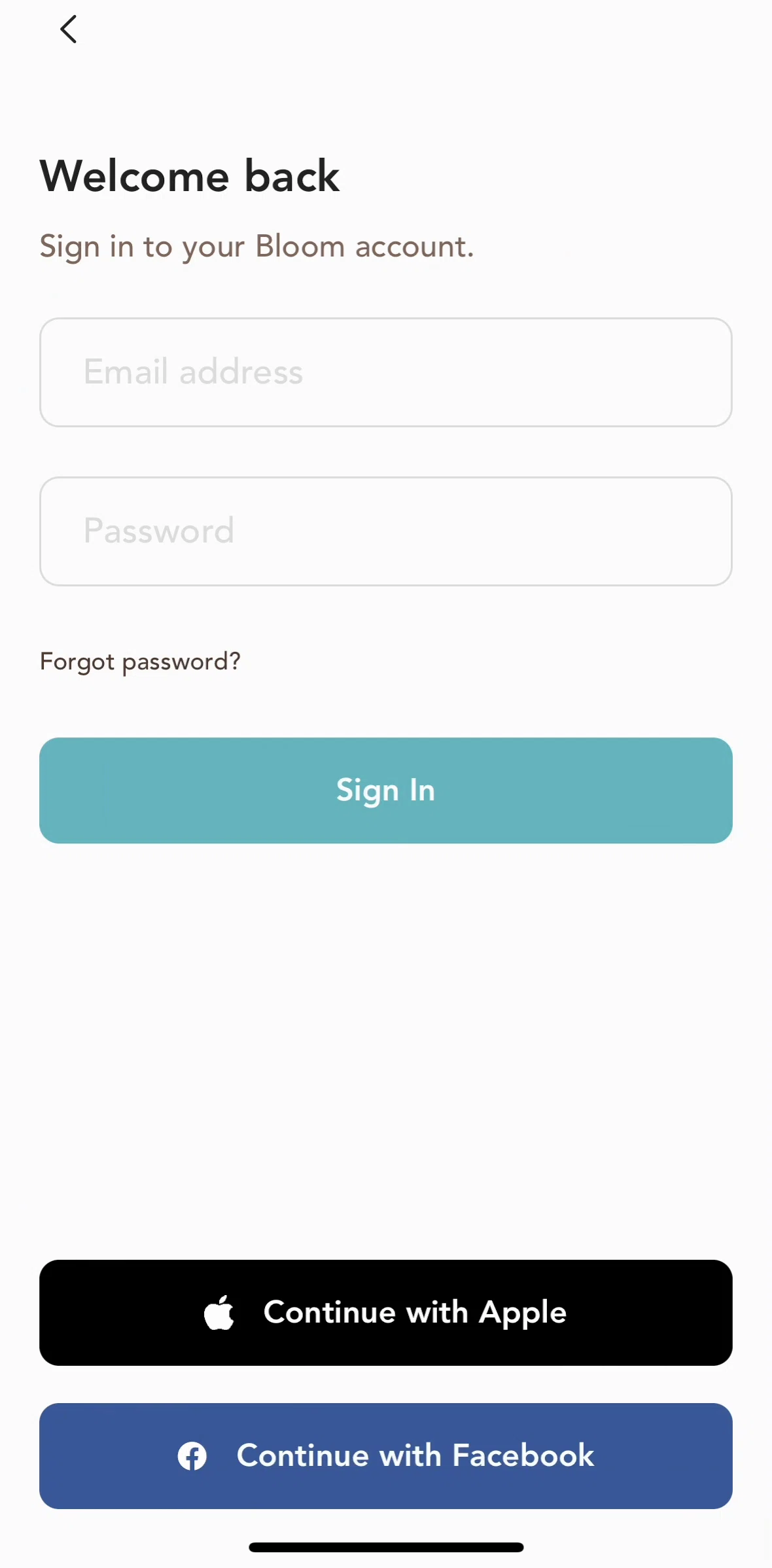 Bloom Screen screen in the Forgot password flow