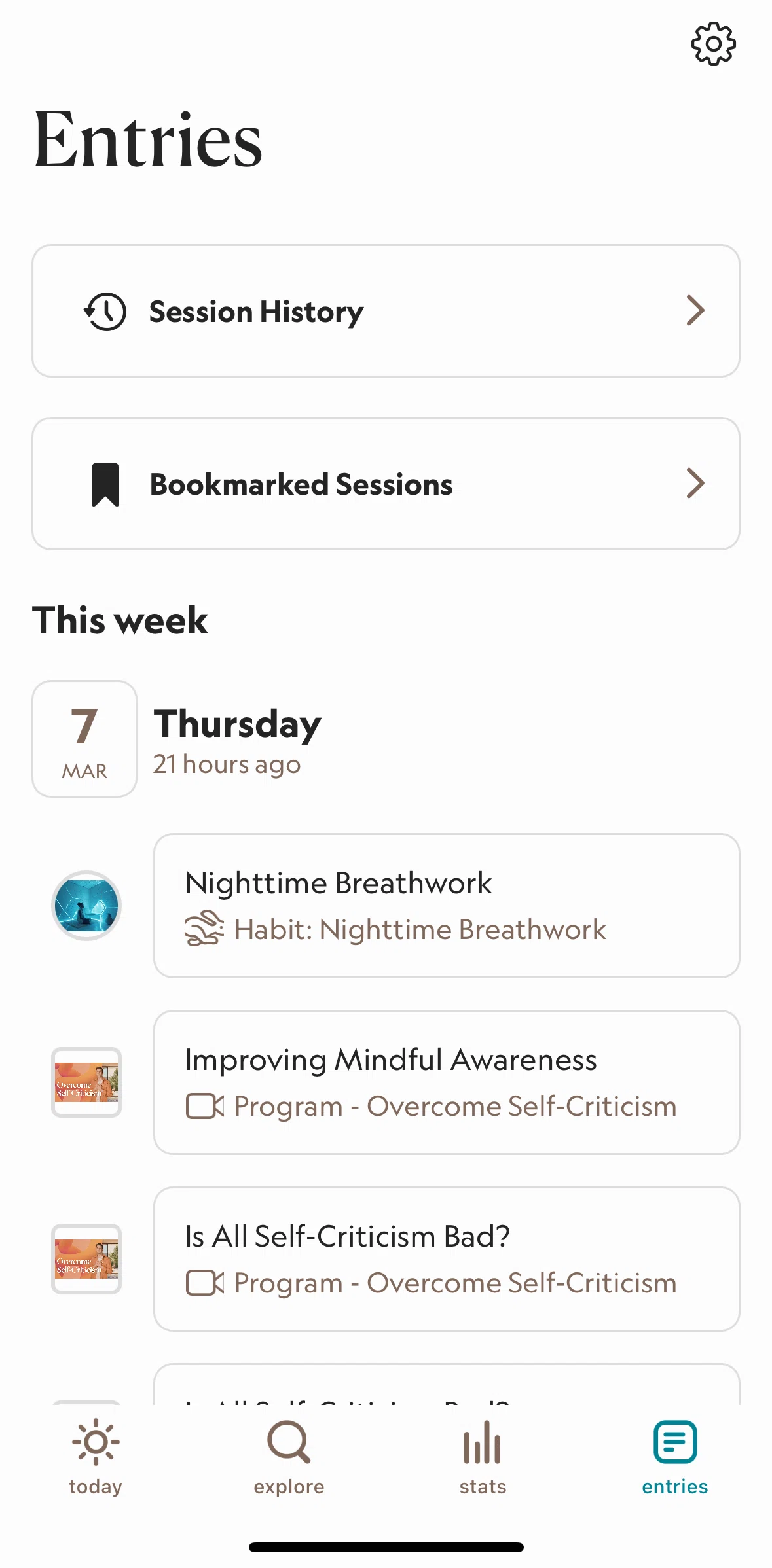 Bloom Screen screen in the Session history flow