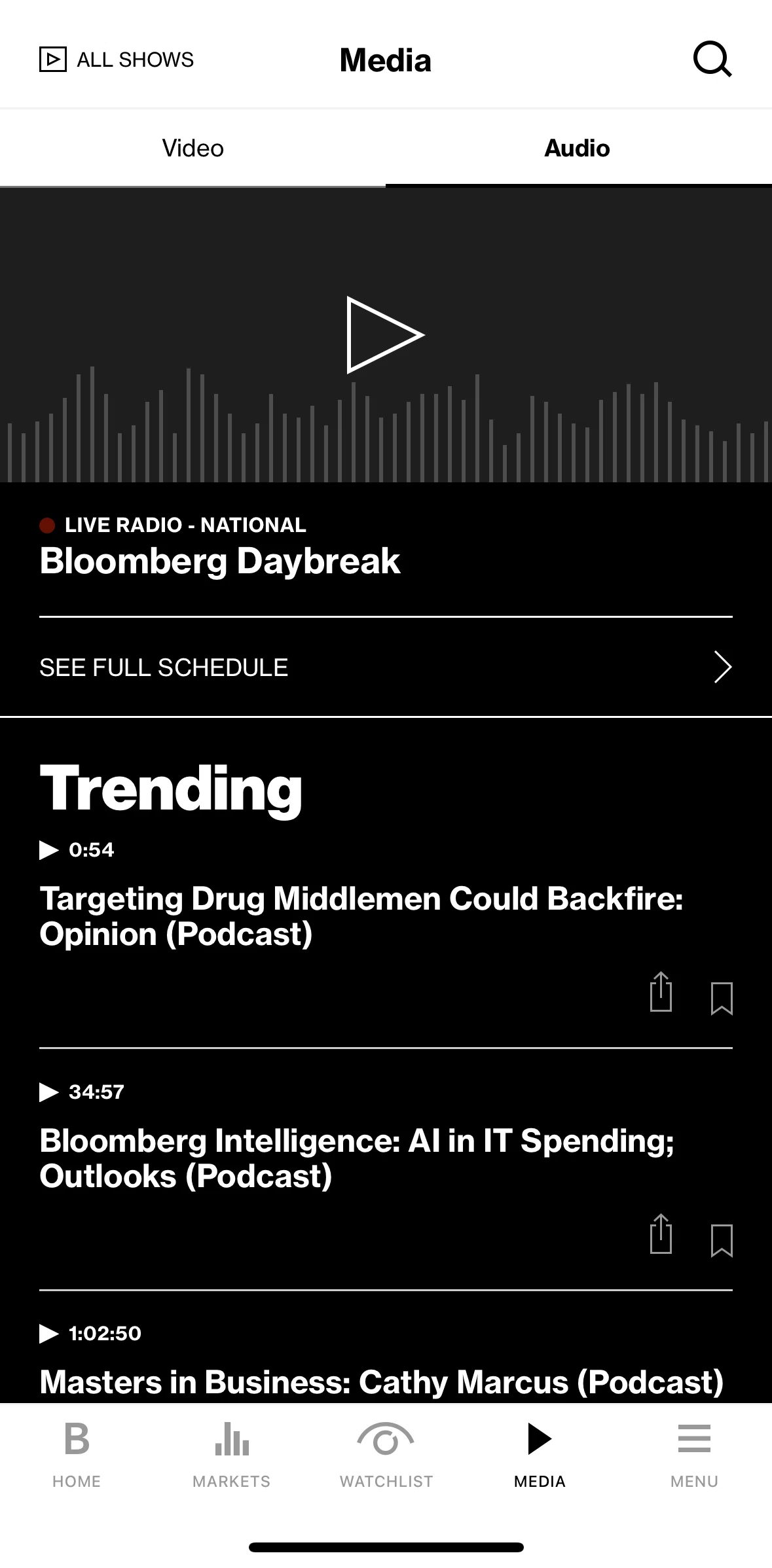 Bloomberg Screen screen in the Listening to an audio flow