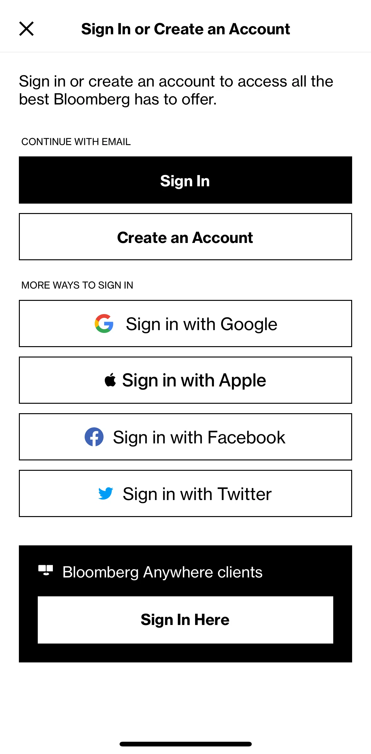 Bloomberg Screen screen in the Logging in flow