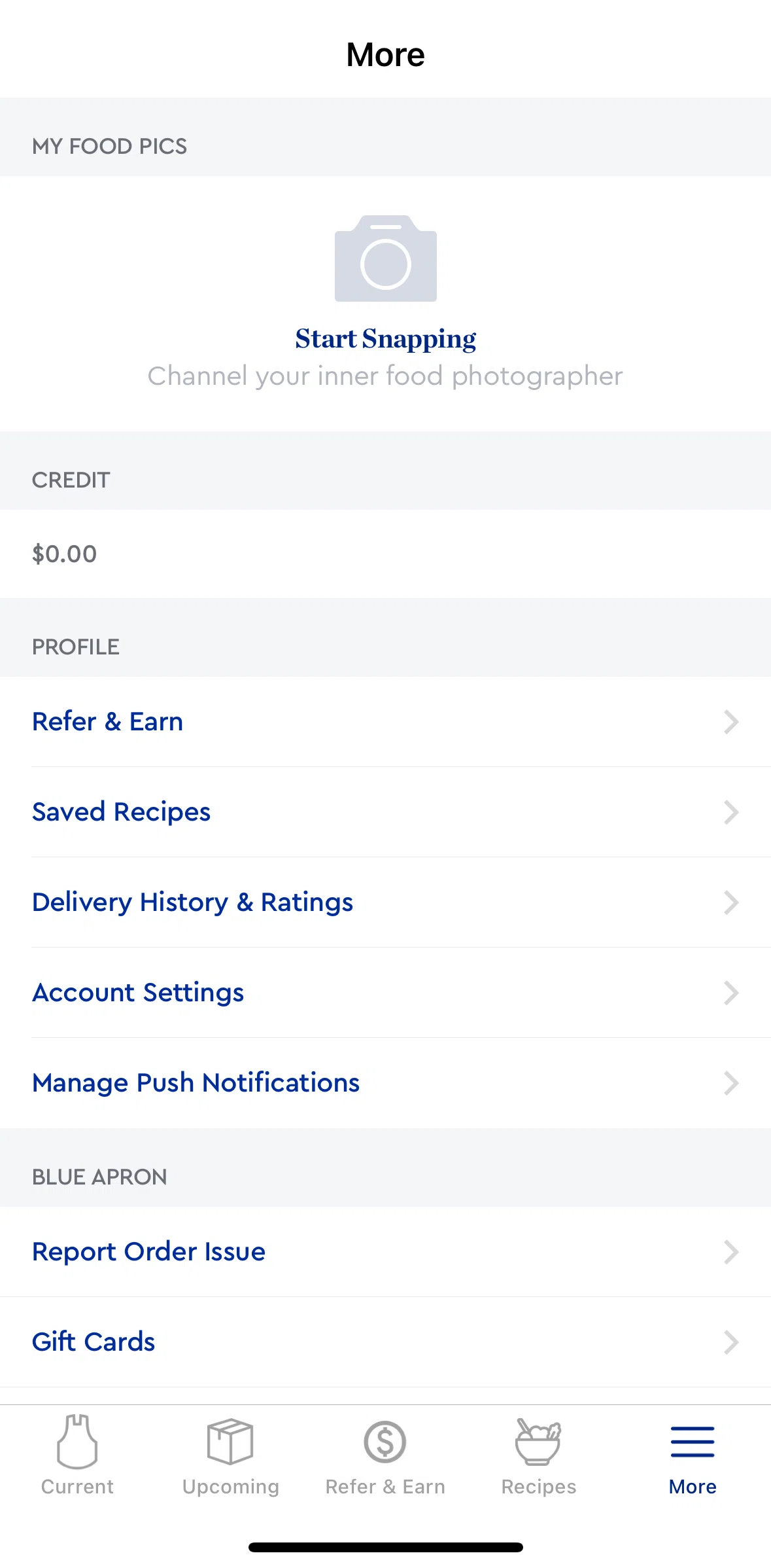 Blue Apron Screen screen in the Account settings flow
