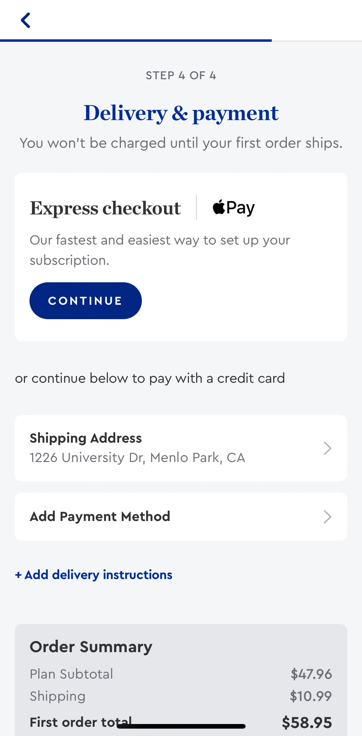 Blue Apron Screen screen in the Adding payment method flow