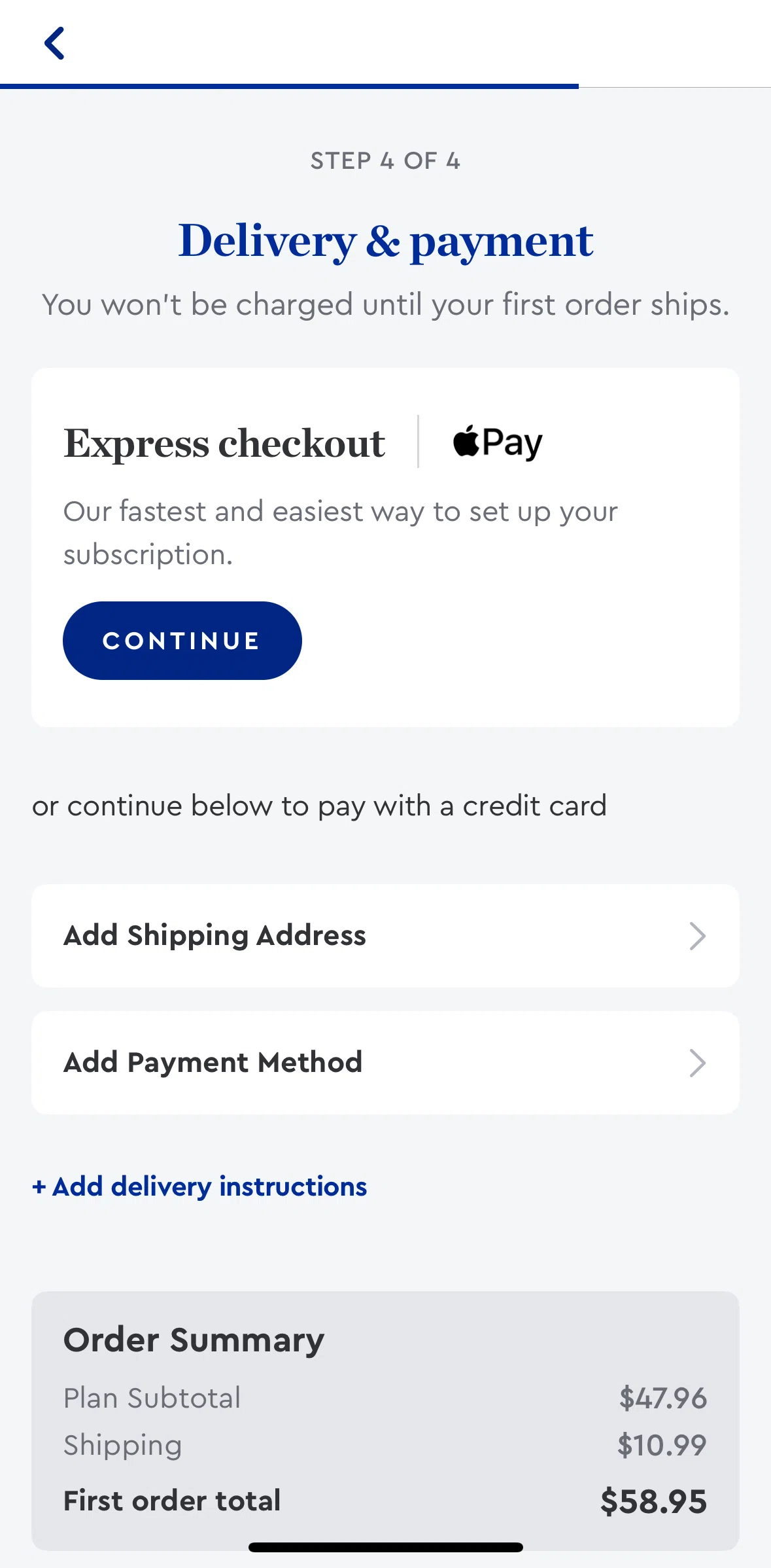 Blue Apron Screen screen in the Adding shipping address flow