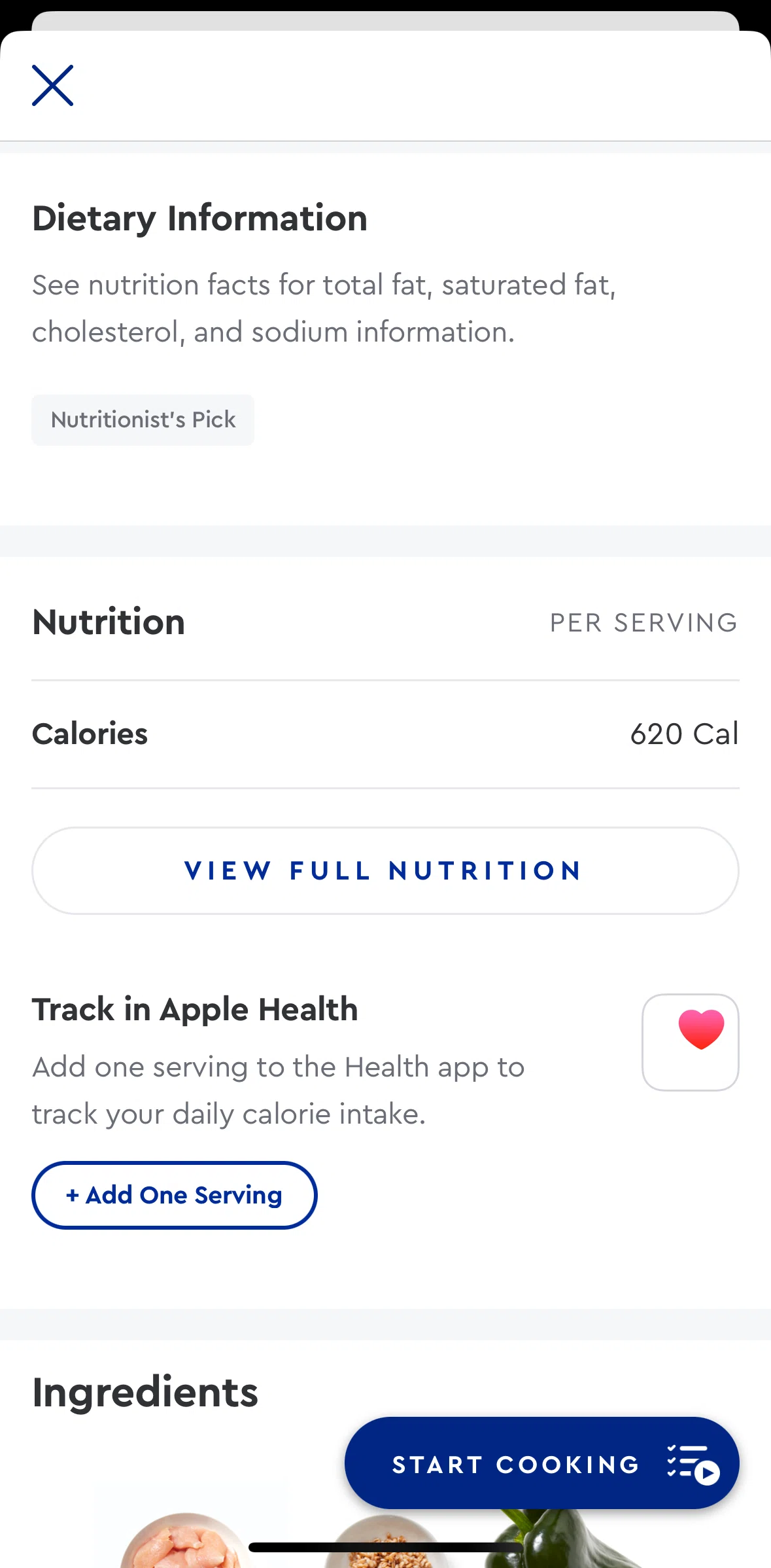 Blue Apron Screen screen in the Adding tracker to Apple Health flow