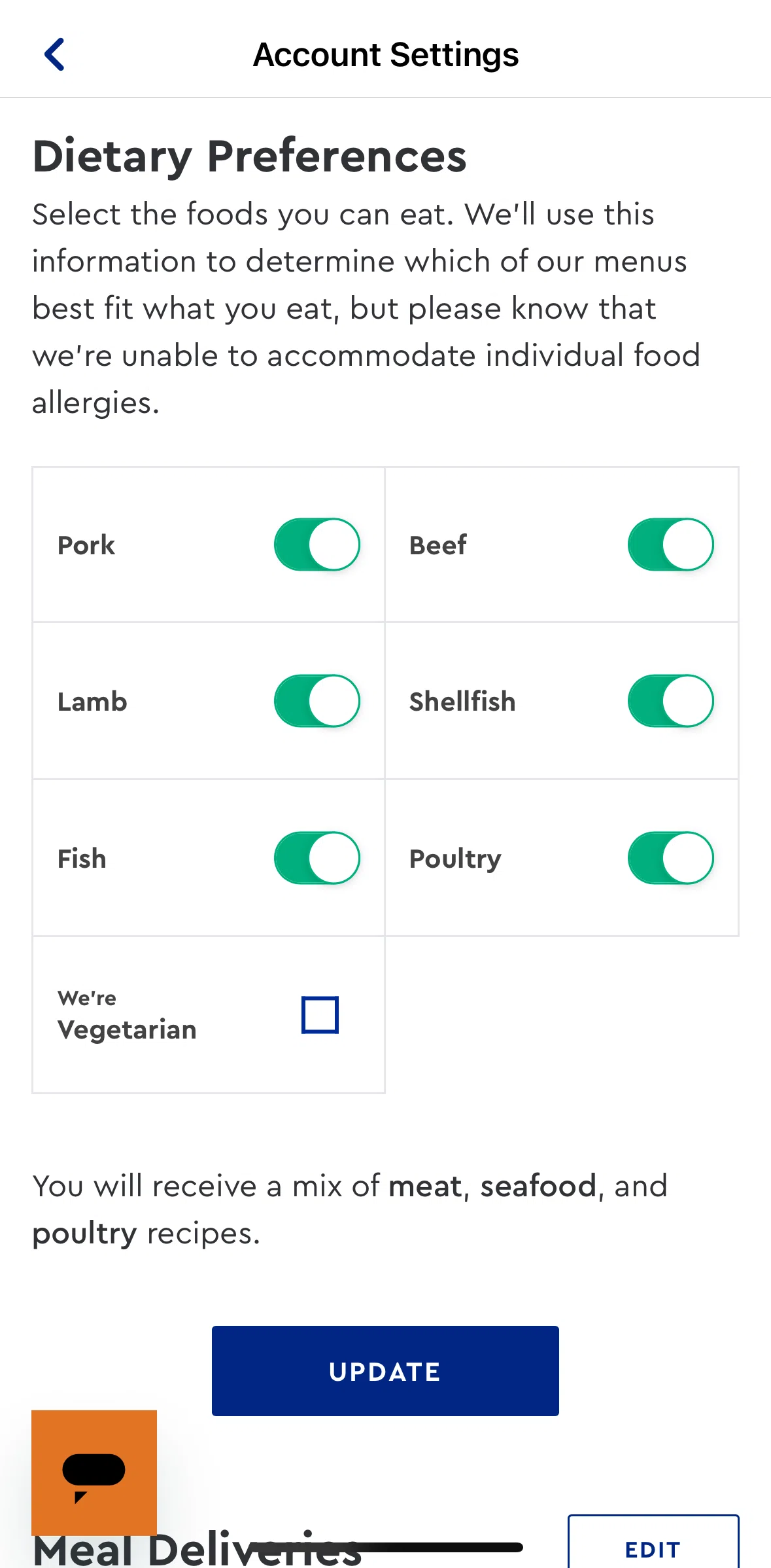 Blue Apron Screen screen in the Customizing dietary preferences flow
