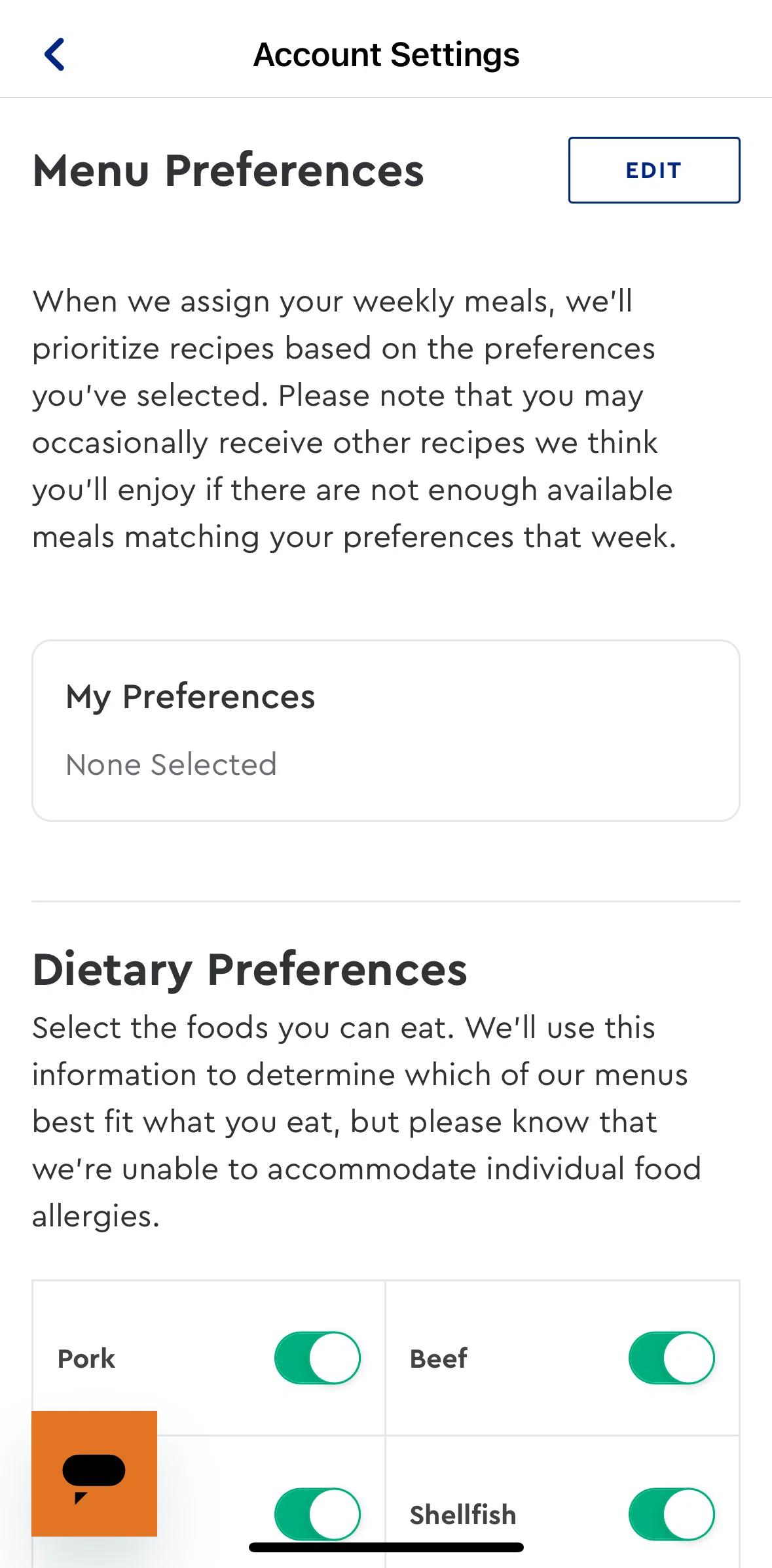 Blue Apron Screen screen in the Editing menu preferences flow