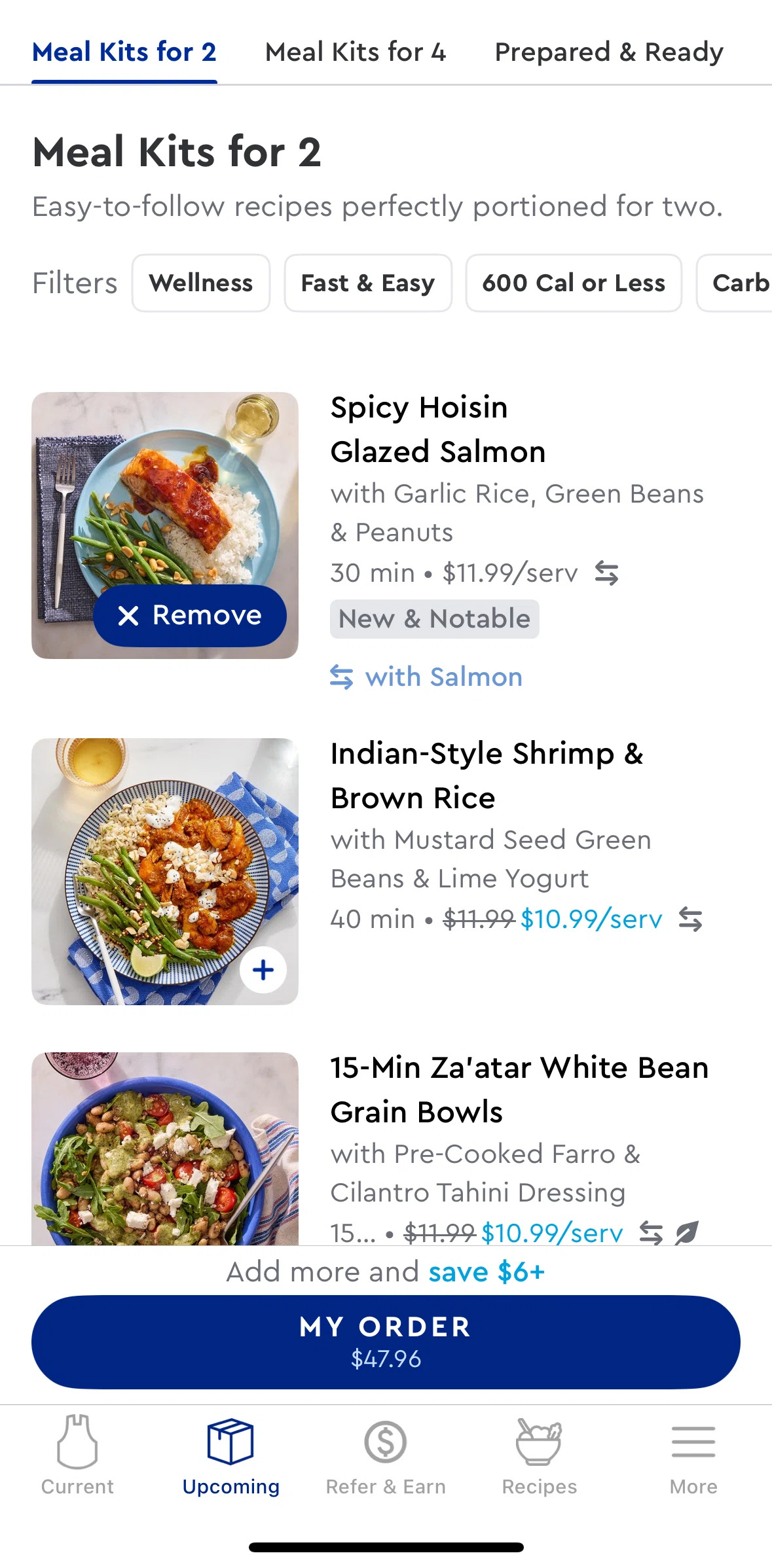Blue Apron Screen screen in the Removing a meal from order flow