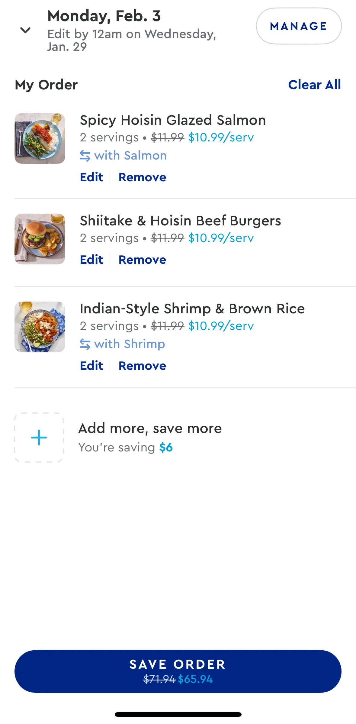 Blue Apron Screen screen in the Saving an order flow