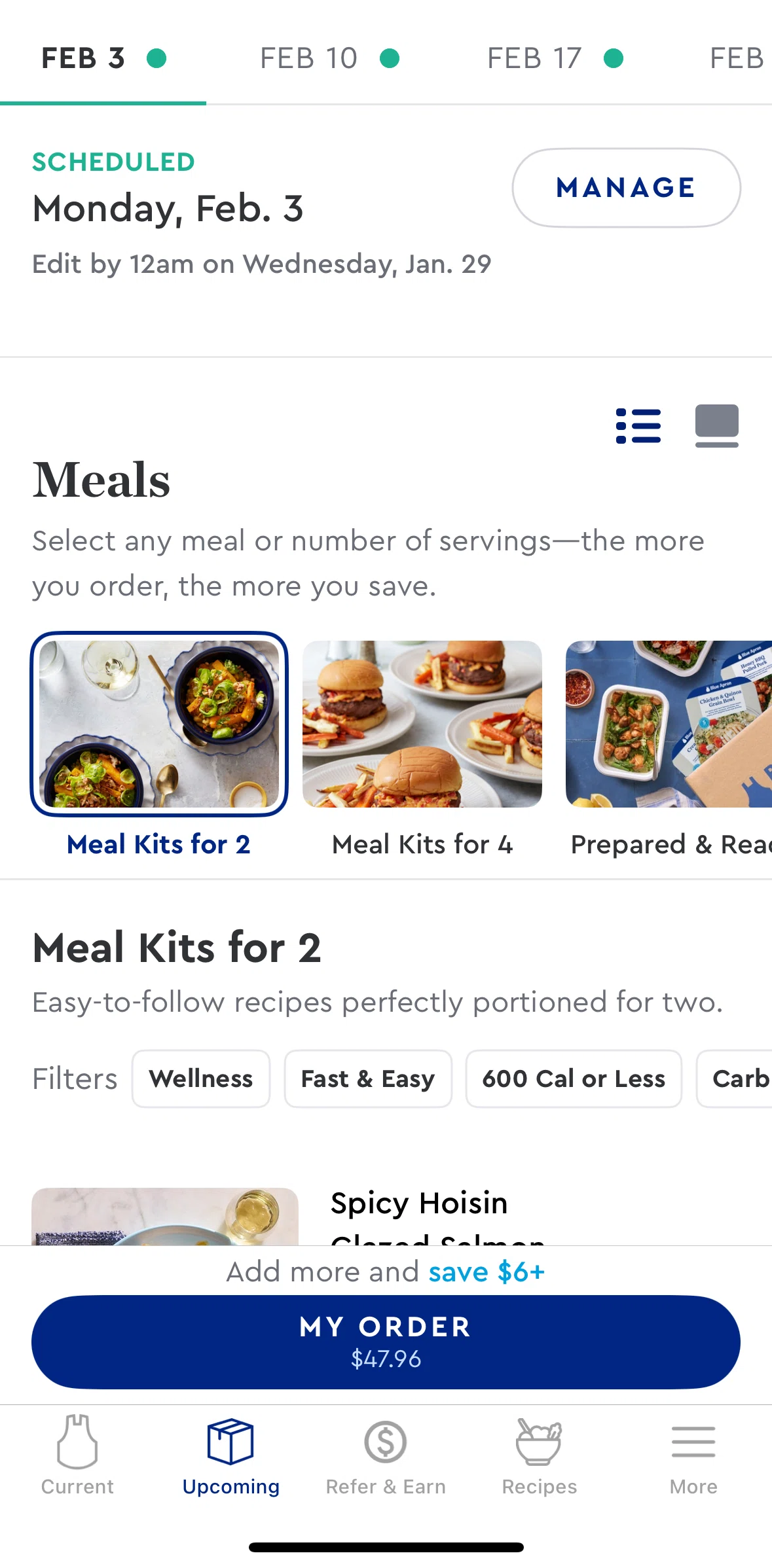 Blue Apron Screen screen in the Skipping a delivery flow
