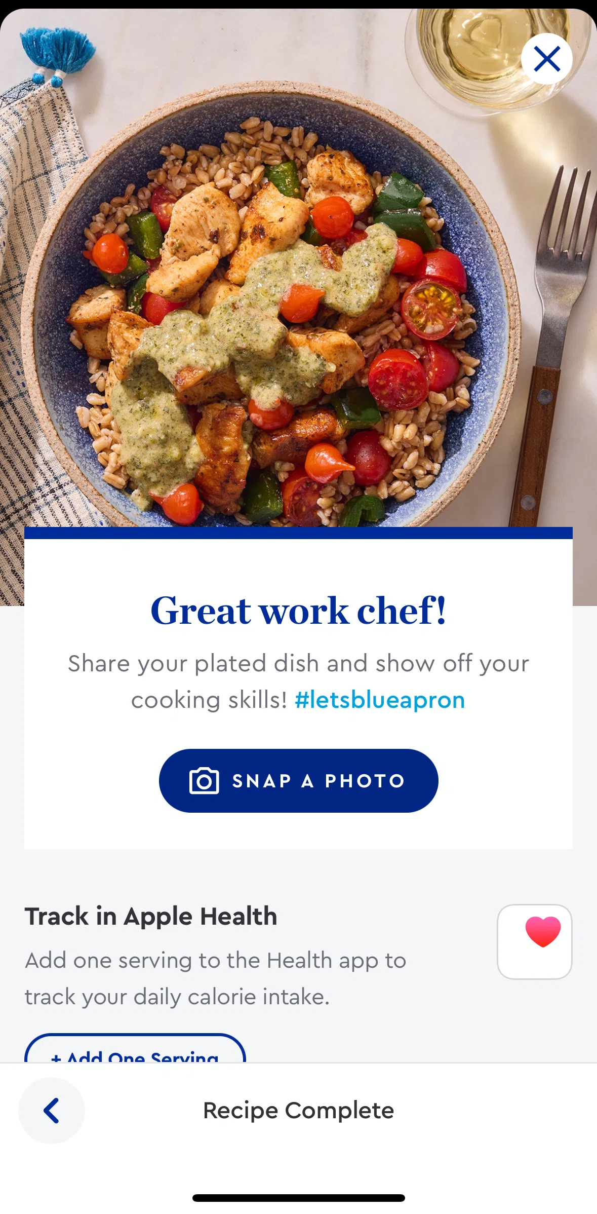 Blue Apron Screen screen in the Snap a photo flow