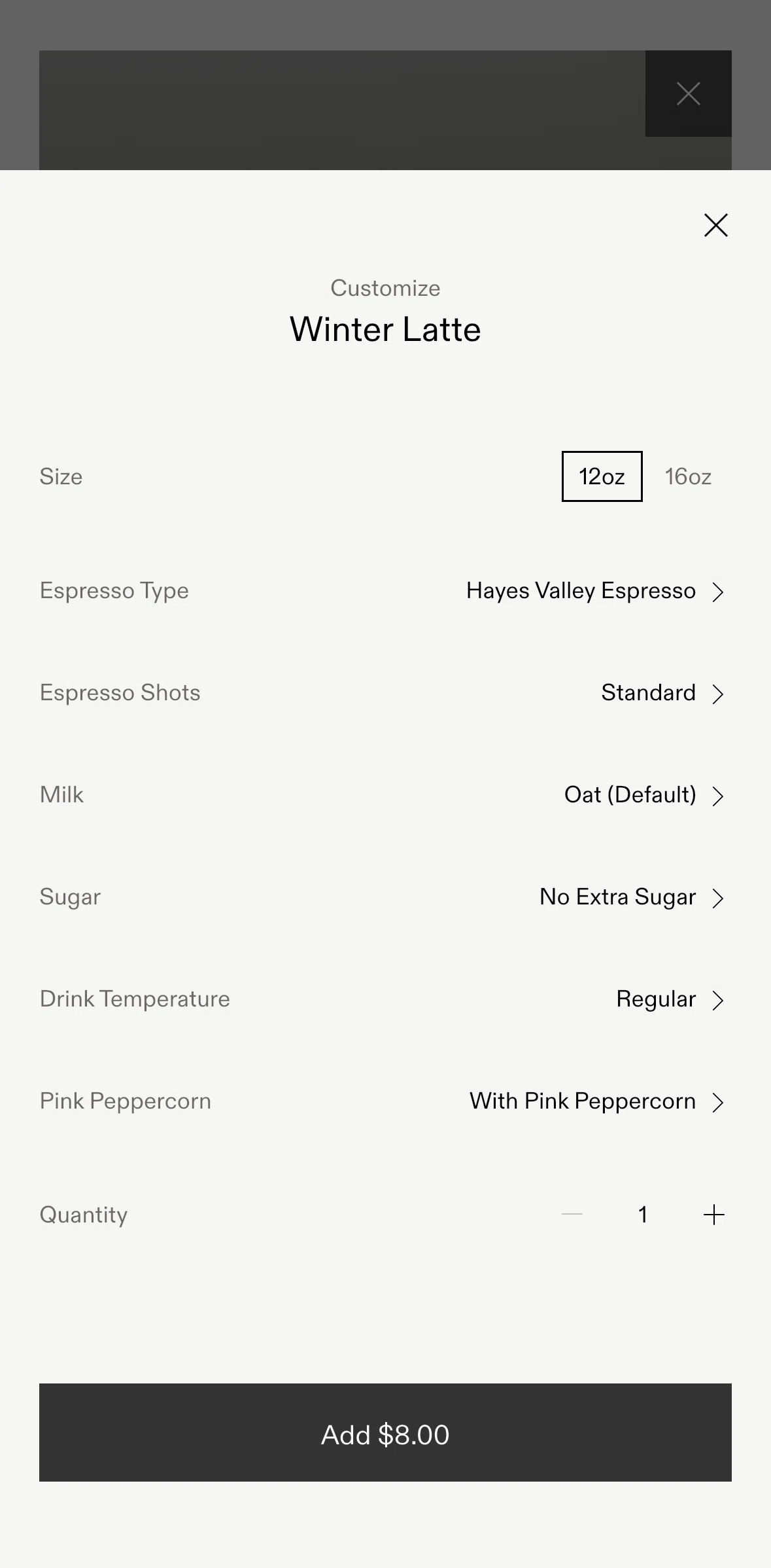 Blue Bottle Coffee Screen screen in the Customizing an order flow