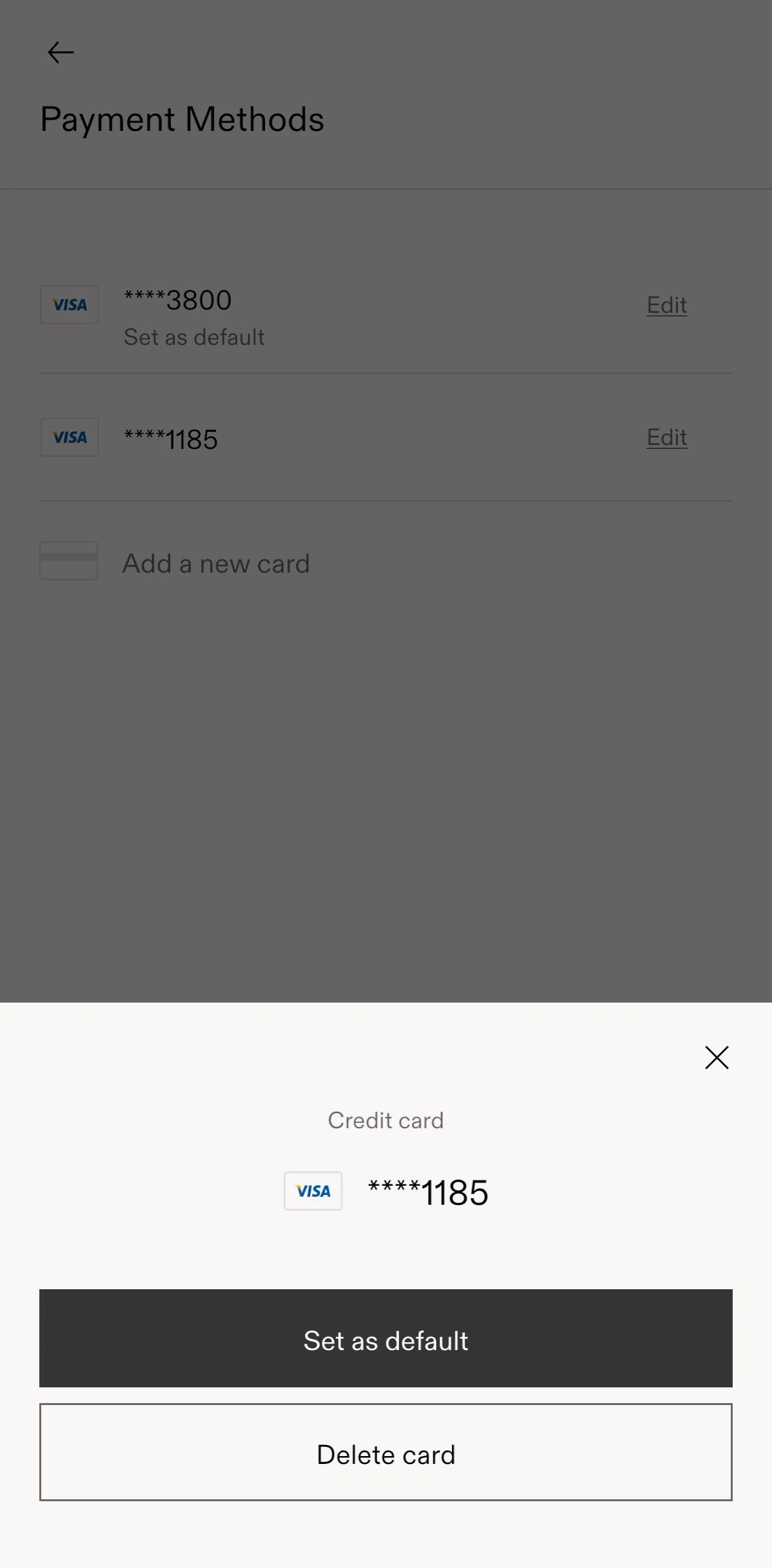 Blue Bottle Coffee Screen screen in the Deleting a payment method flow