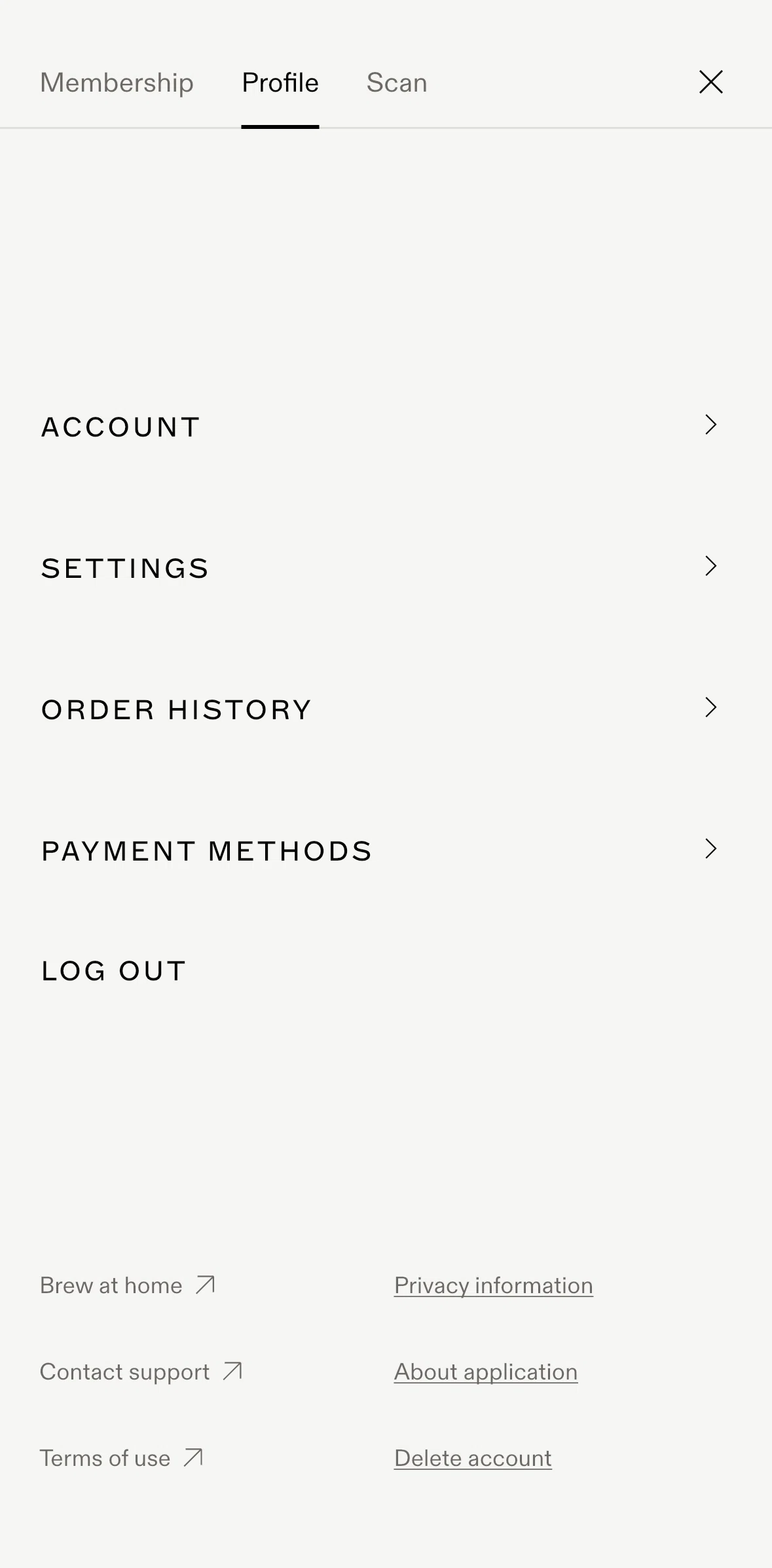 Blue Bottle Coffee Screen screen in the Deleting an account flow