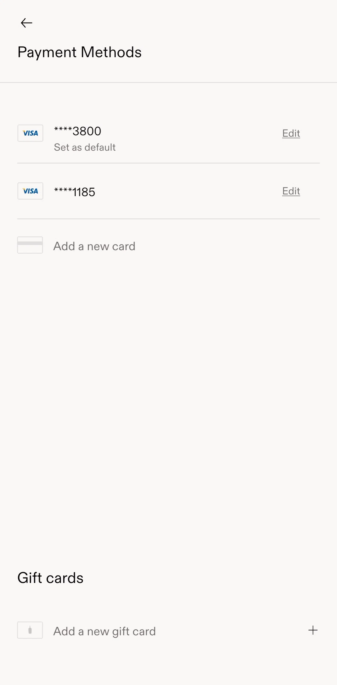 Blue Bottle Coffee Screen screen in the Marking a payment method  as default flow