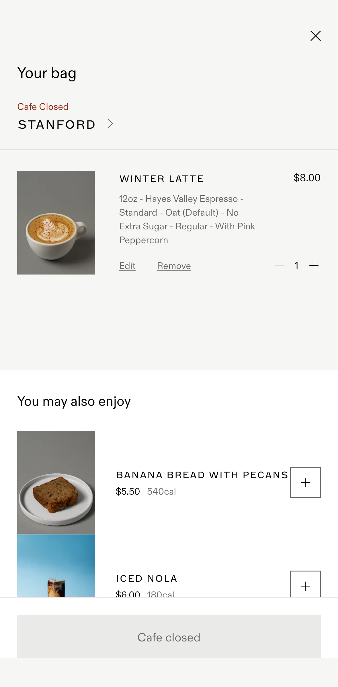 Blue Bottle Coffee Screen screen in the Removing an item flow
