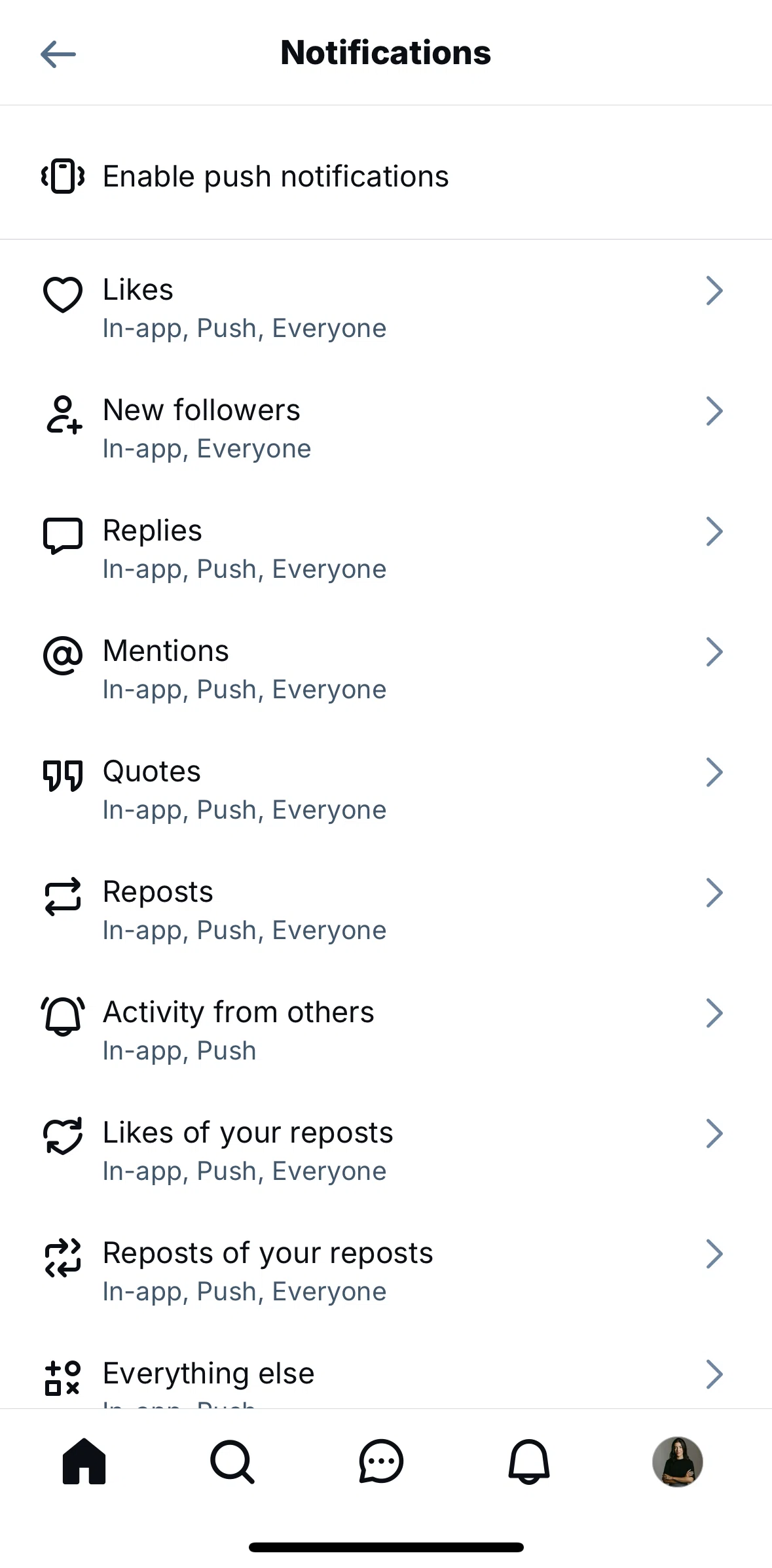 Bluesky Social Screen screen in the Changing notifications settings flow