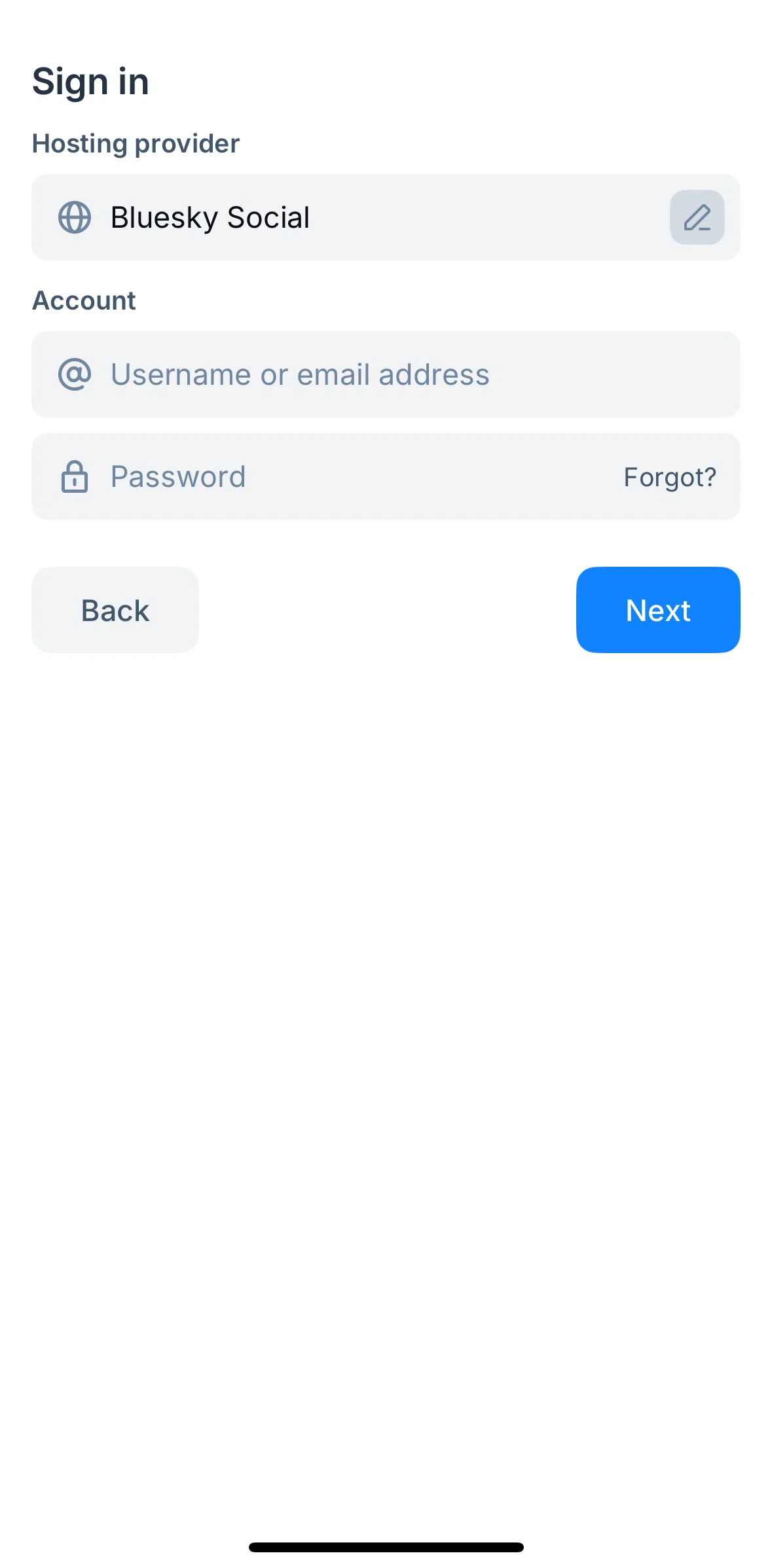 Bluesky Social Screen screen in the Connect to an account provider flow