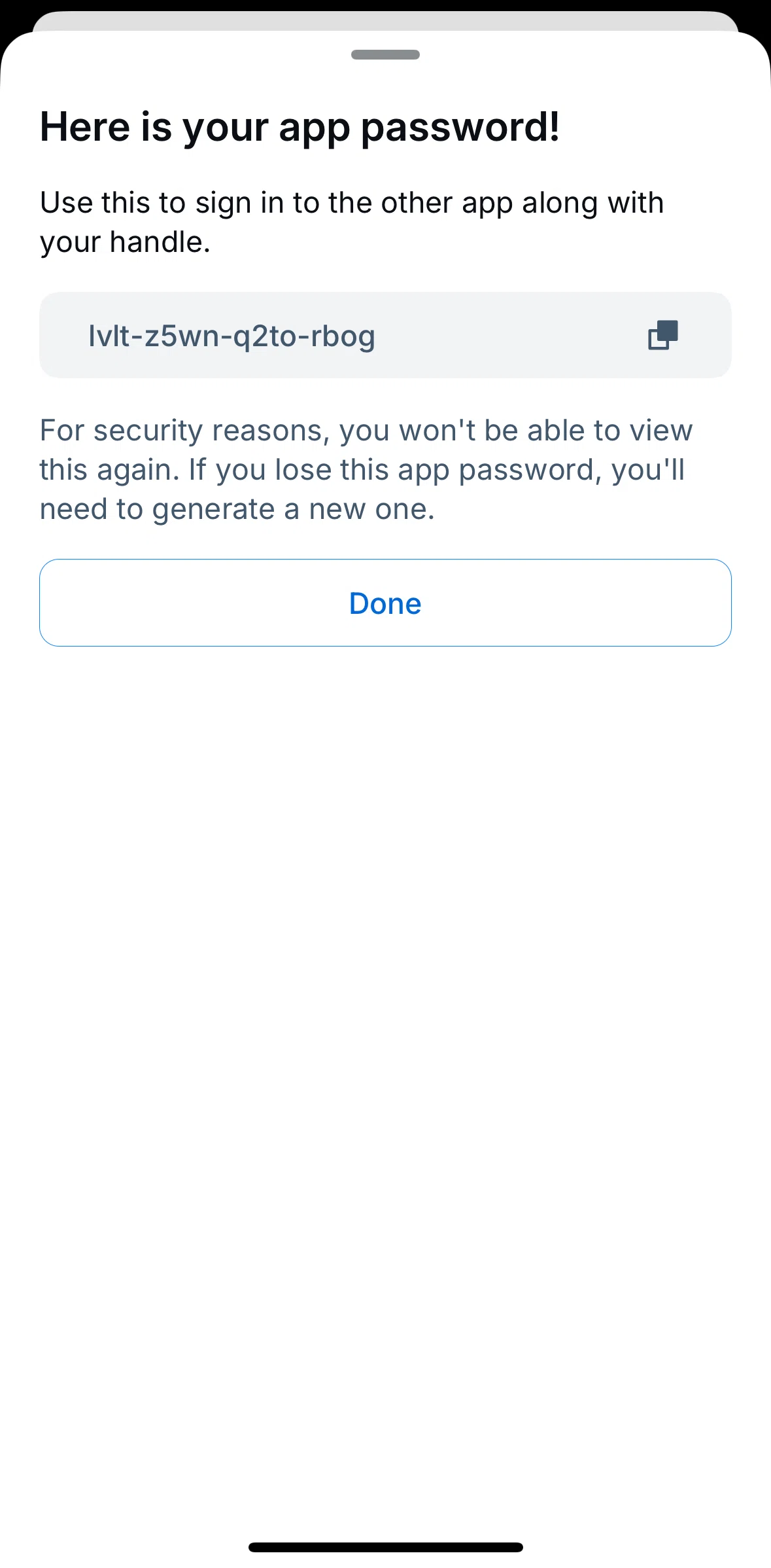 Bluesky Social Screen screen in the Copying an app password flow