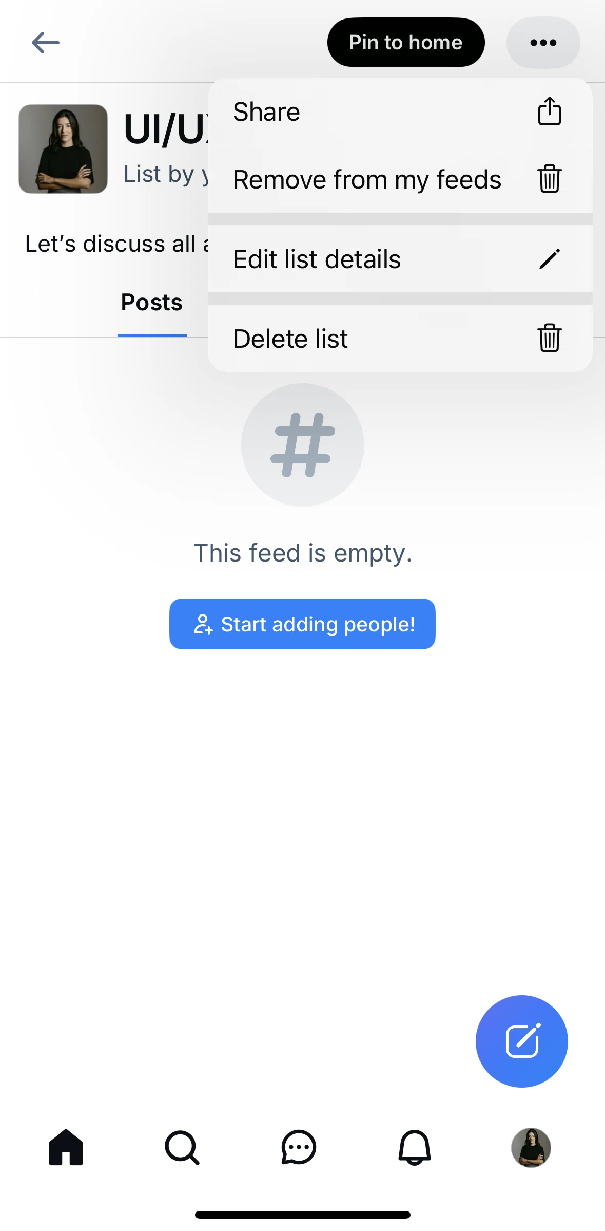 Bluesky Social Screen screen in the Deleting a list flow