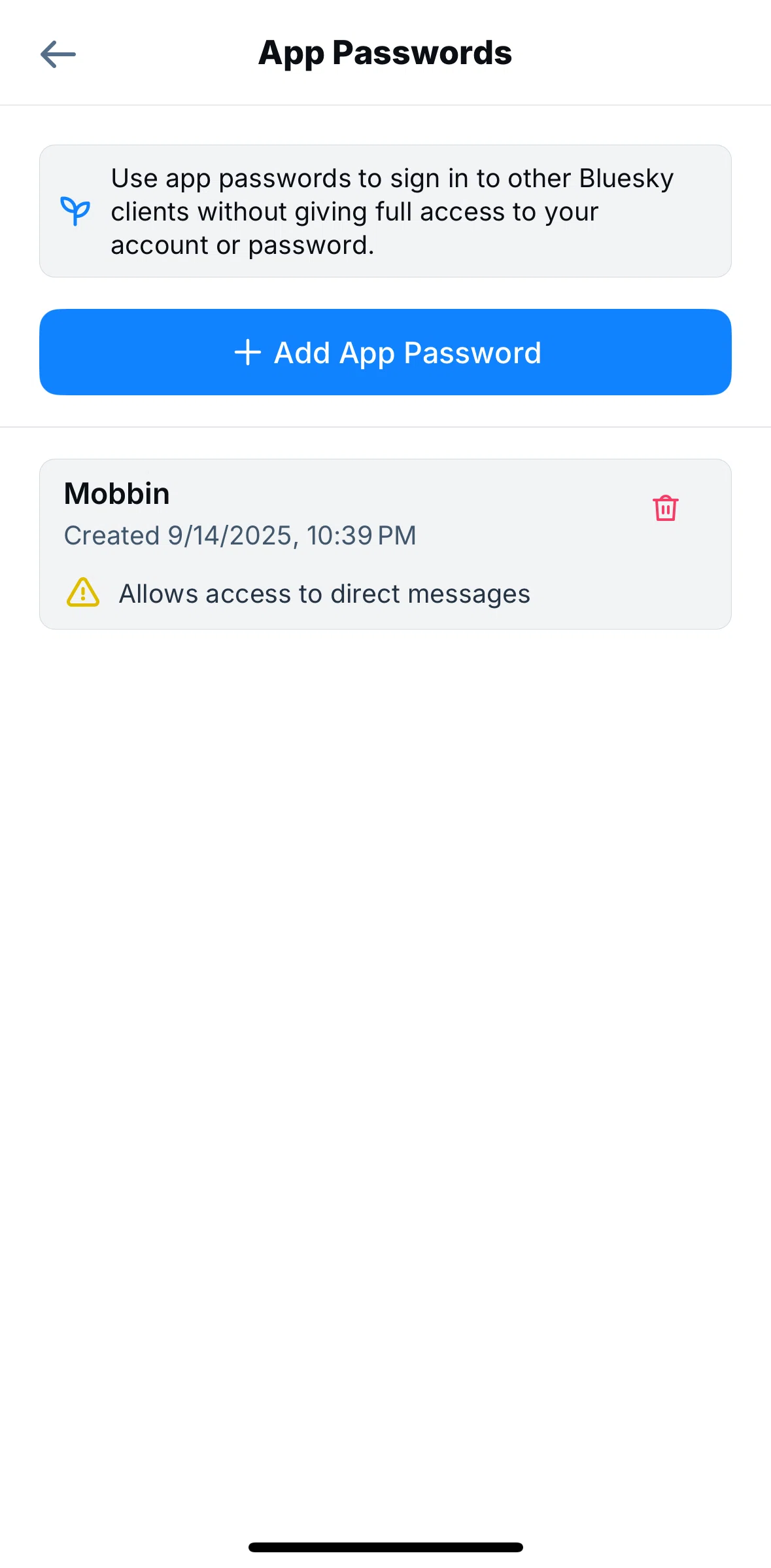 Bluesky Social Screen screen in the Deleting an app password flow