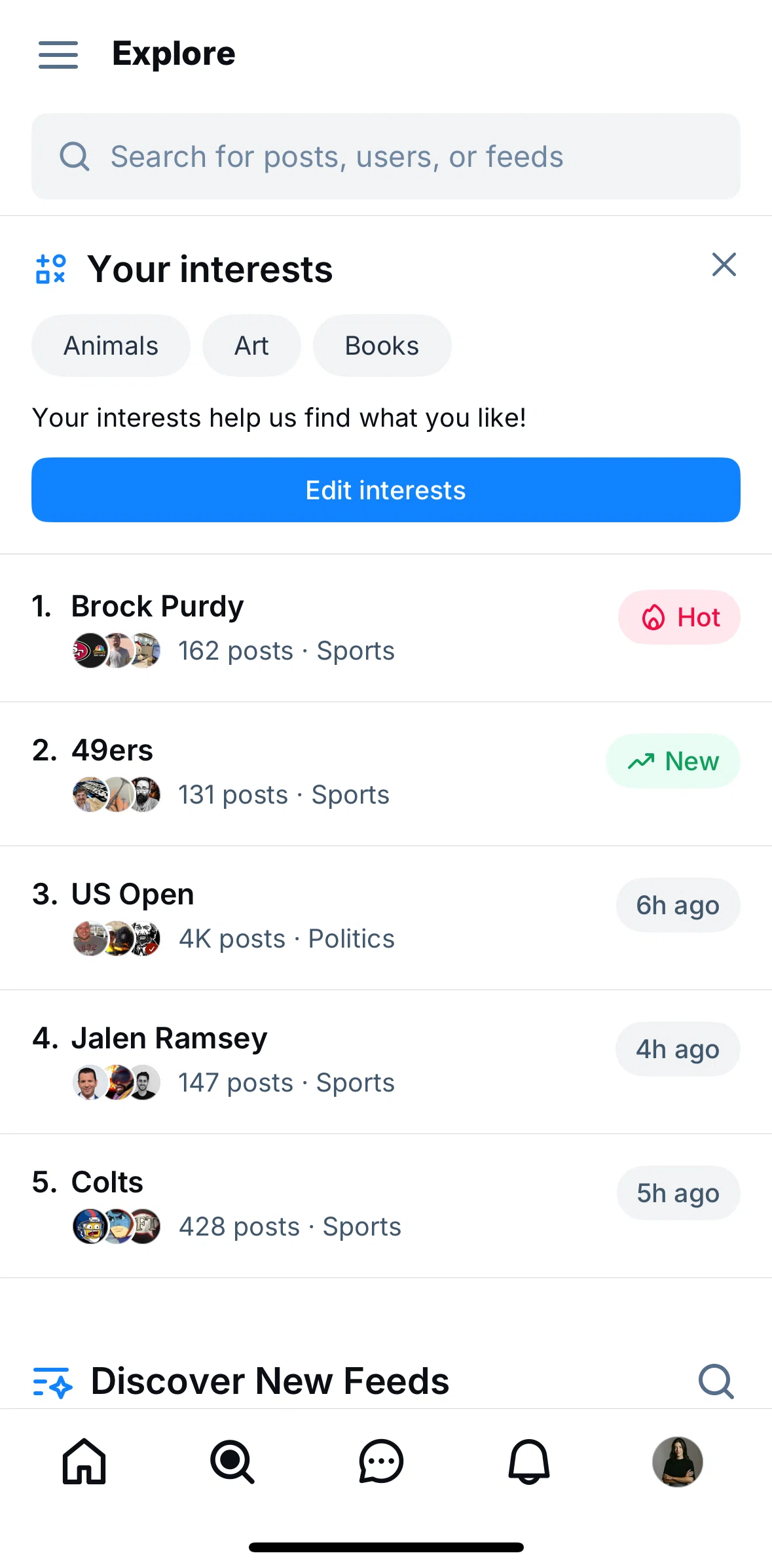 Bluesky Social Screen screen in the Editing interests flow