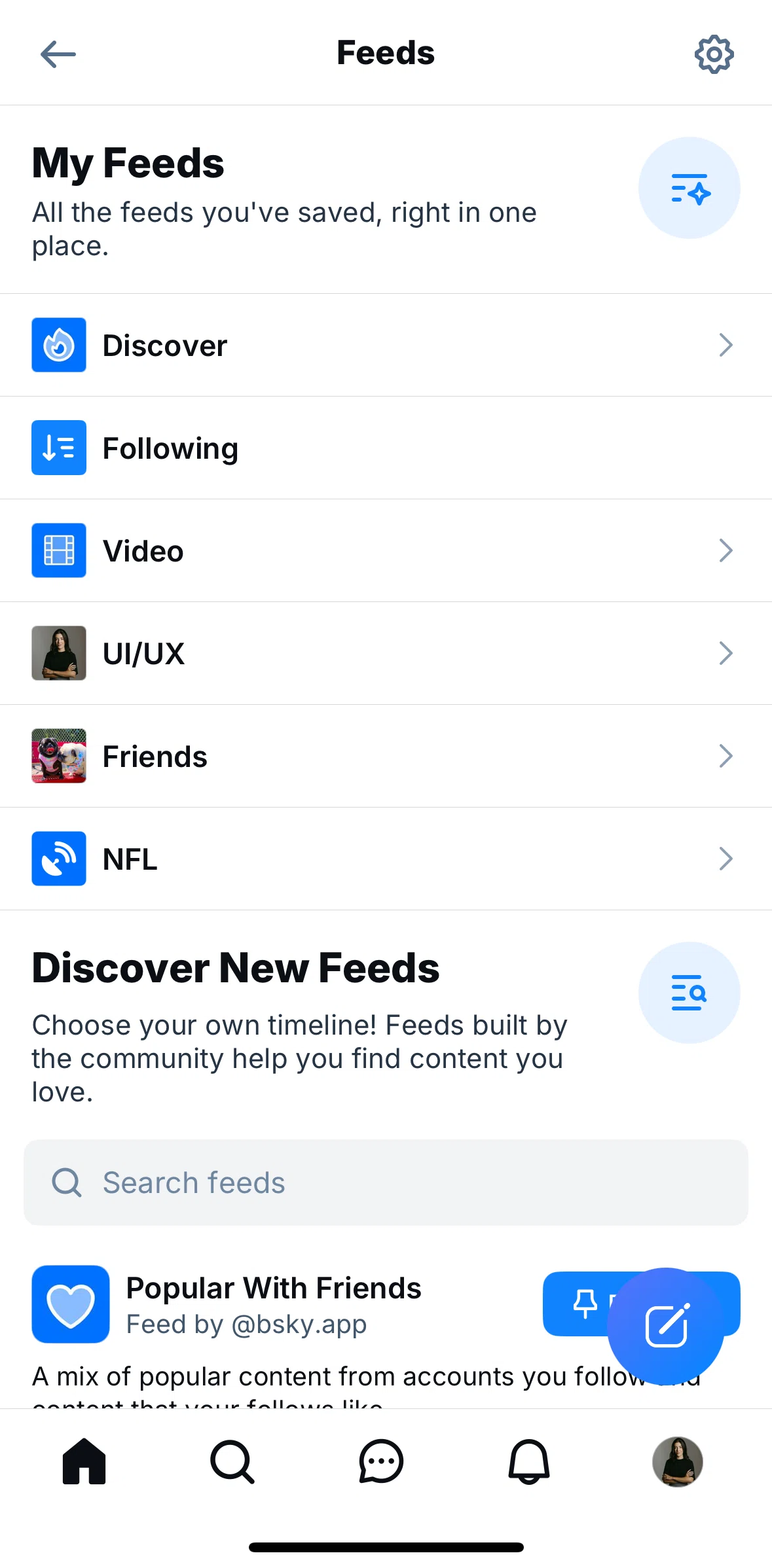 Bluesky Social Screen screen in the Feeds settings flow