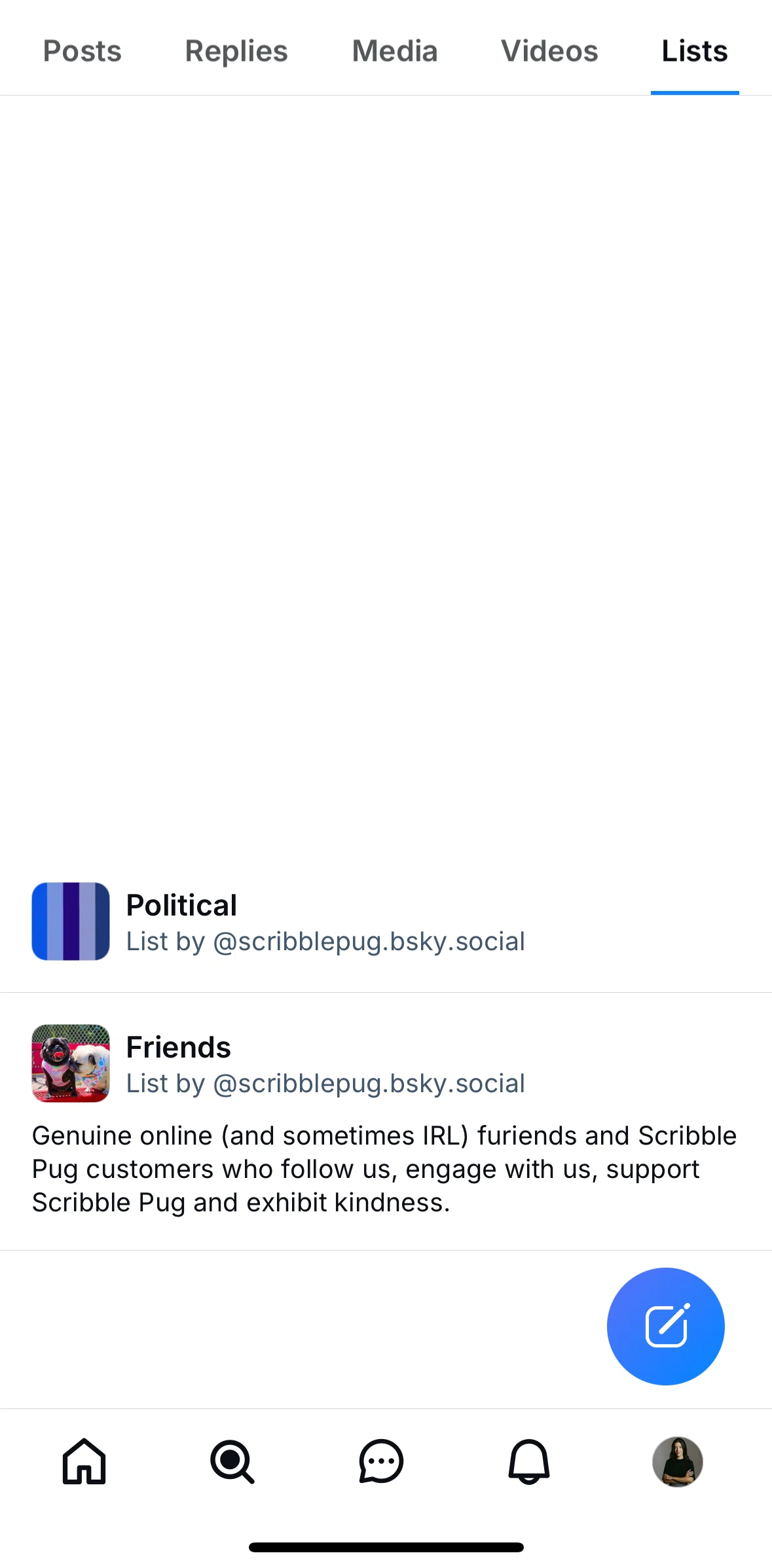 Bluesky Social Screen screen in the List detail flow