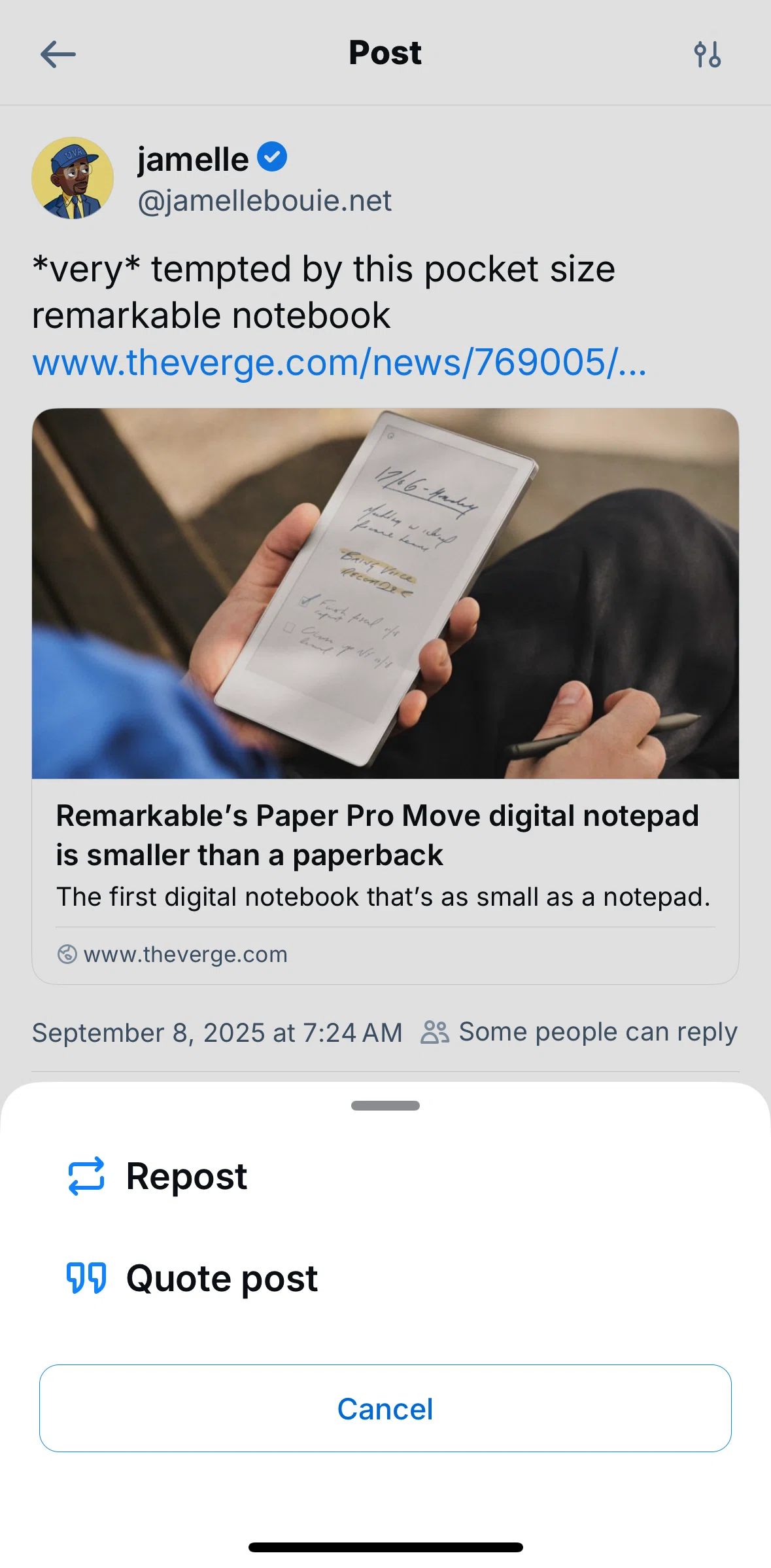 Bluesky Social Screen screen in the Quote posting a post flow