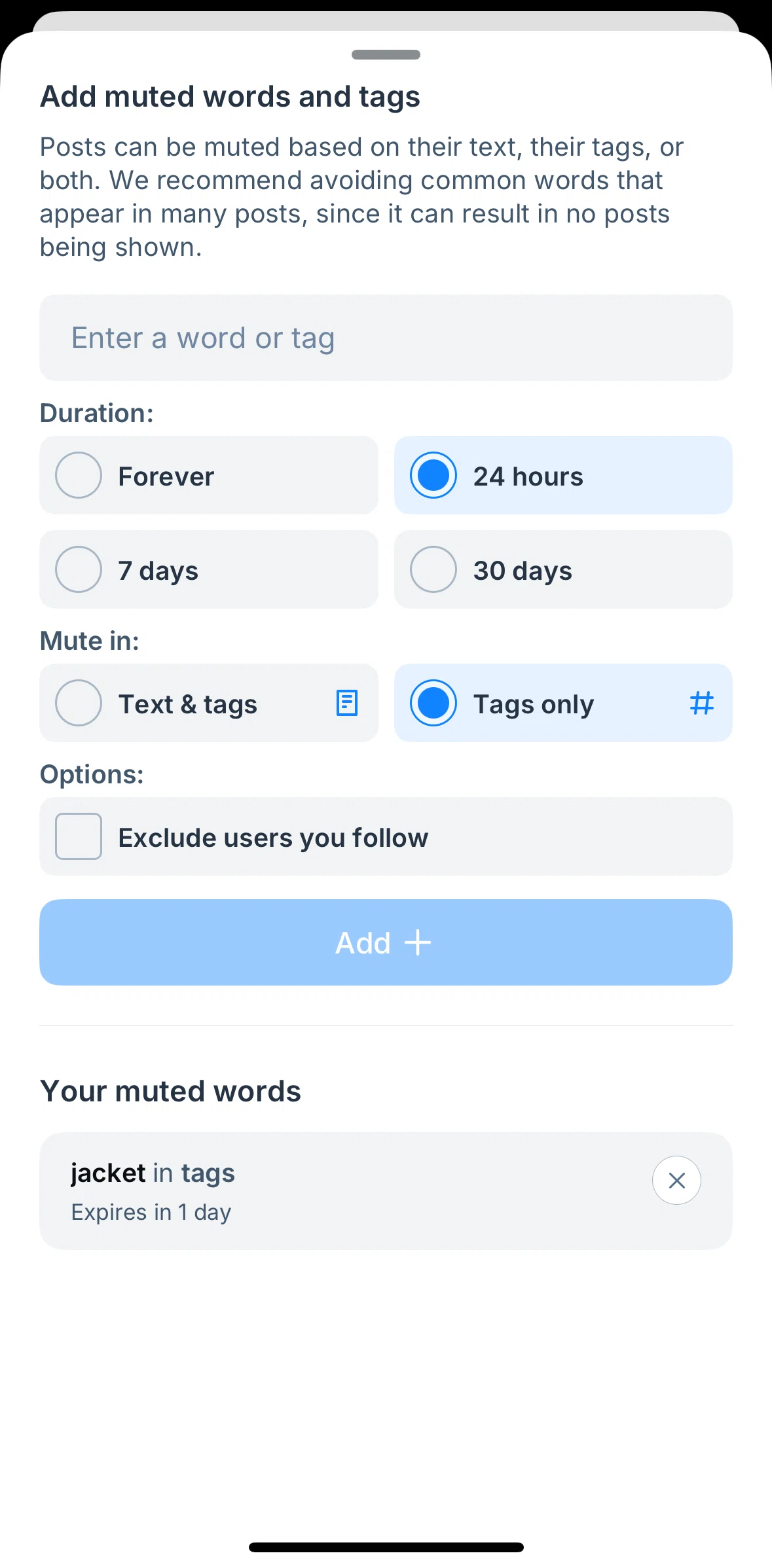 Bluesky Social Screen screen in the Removing a muted word flow