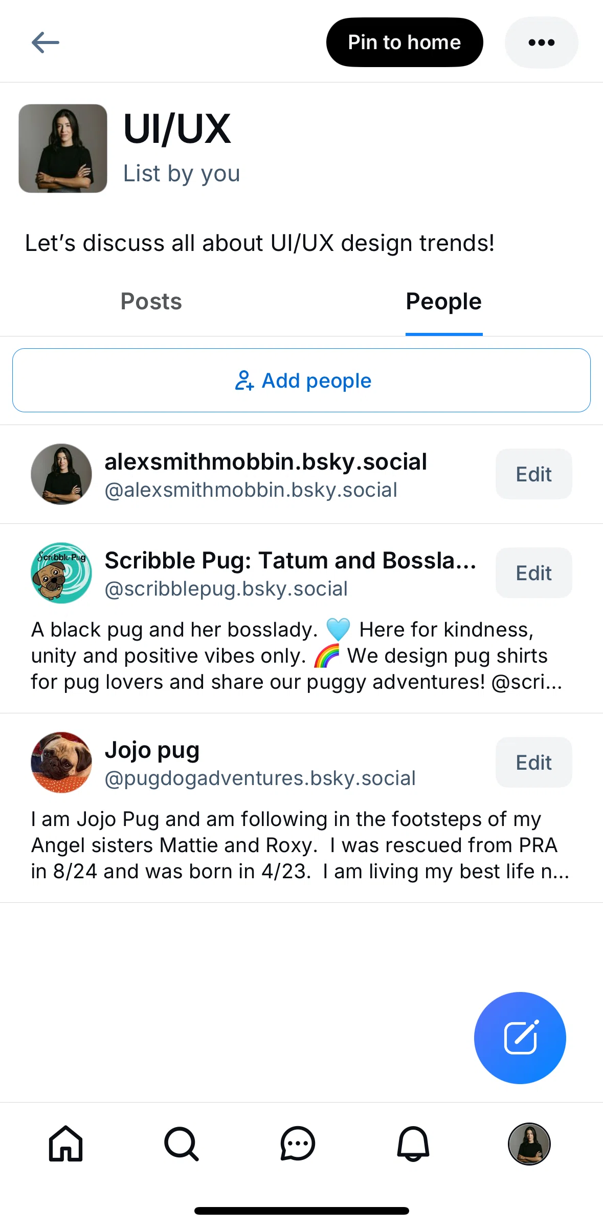 Bluesky Social Screen screen in the Removing a user from list flow