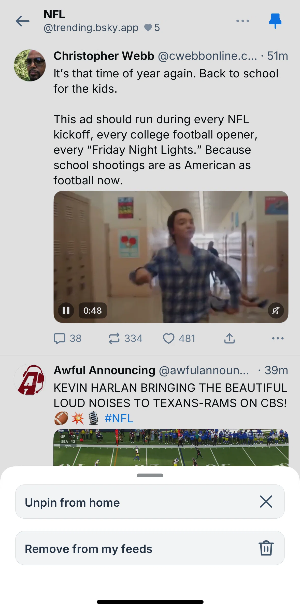 Bluesky Social Screen screen in the Removing from feeds flow