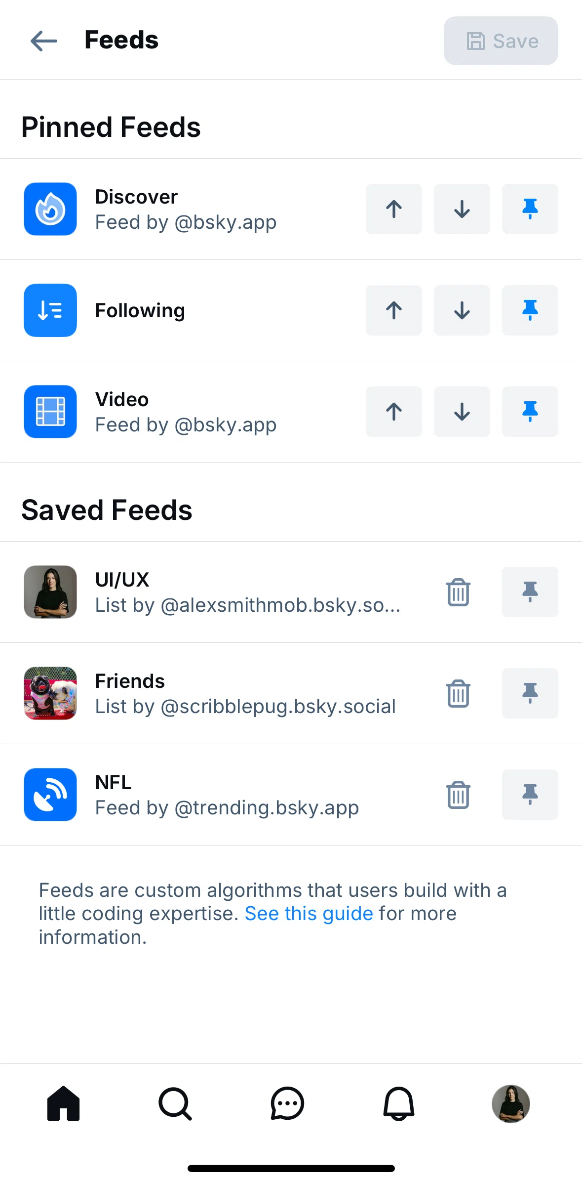 Bluesky Social Screen screen in the Reordering feeds flow