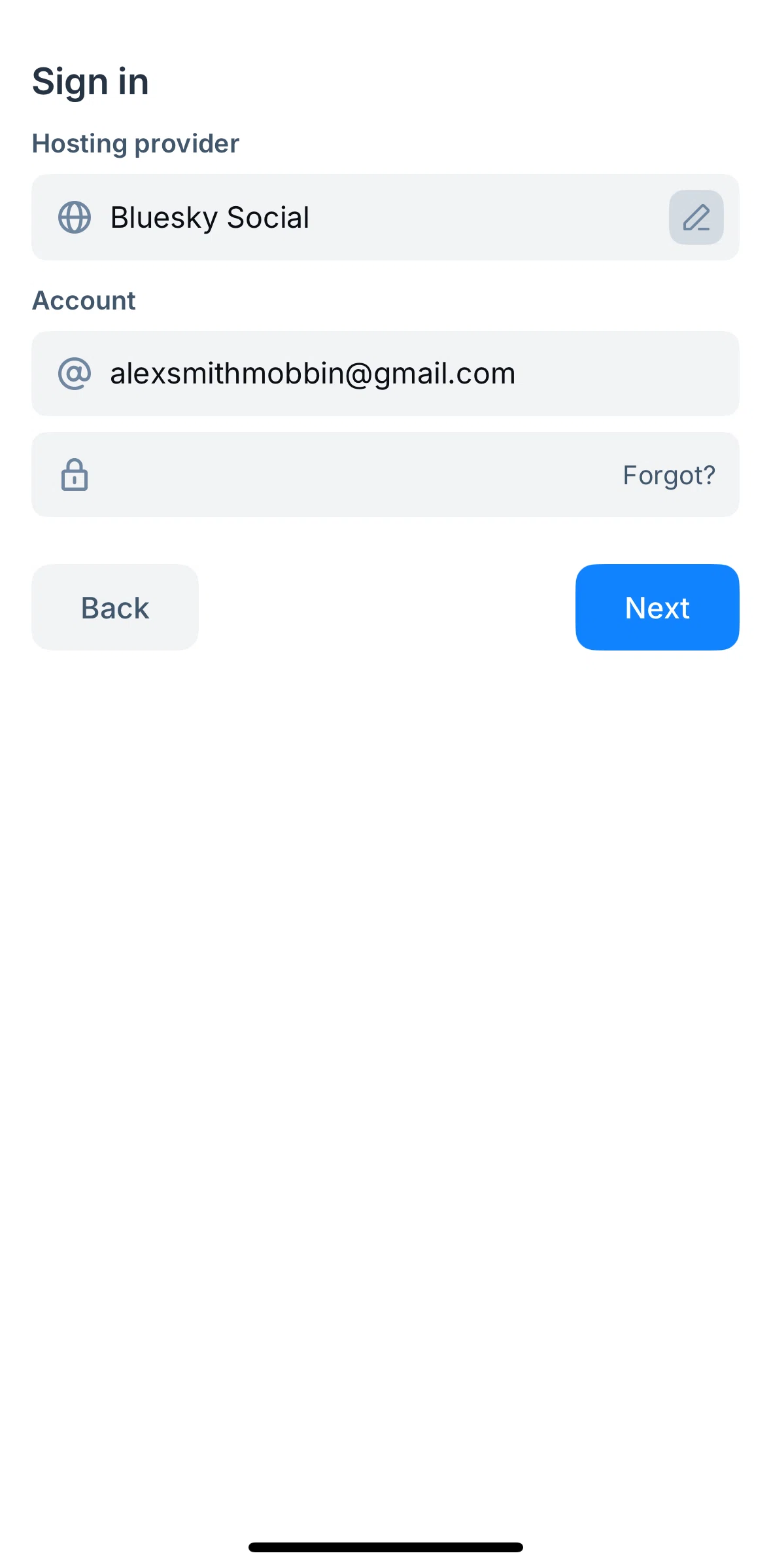 Bluesky Social Screen screen in the Resetting password flow