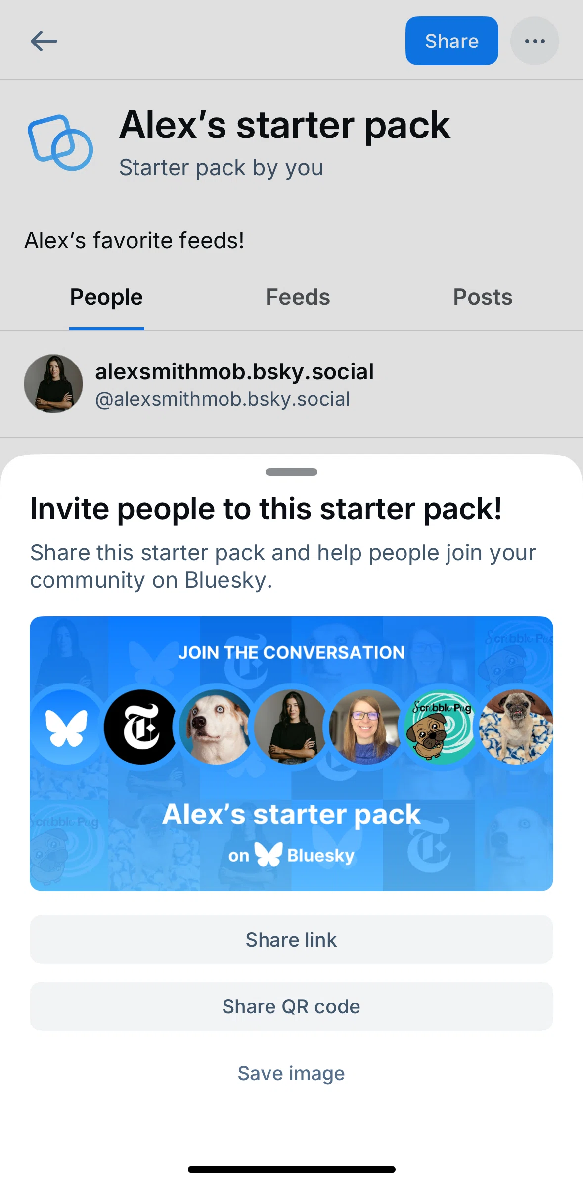 Bluesky Social Screen screen in the Saving a QR code flow