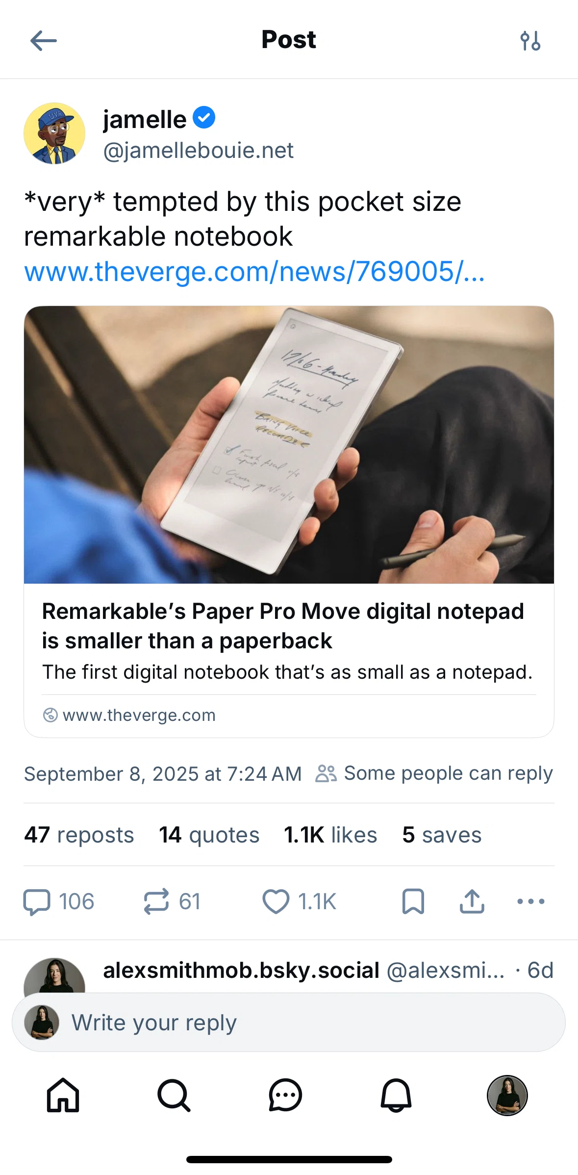 Bluesky Social Screen screen in the Showing replies as threaded flow