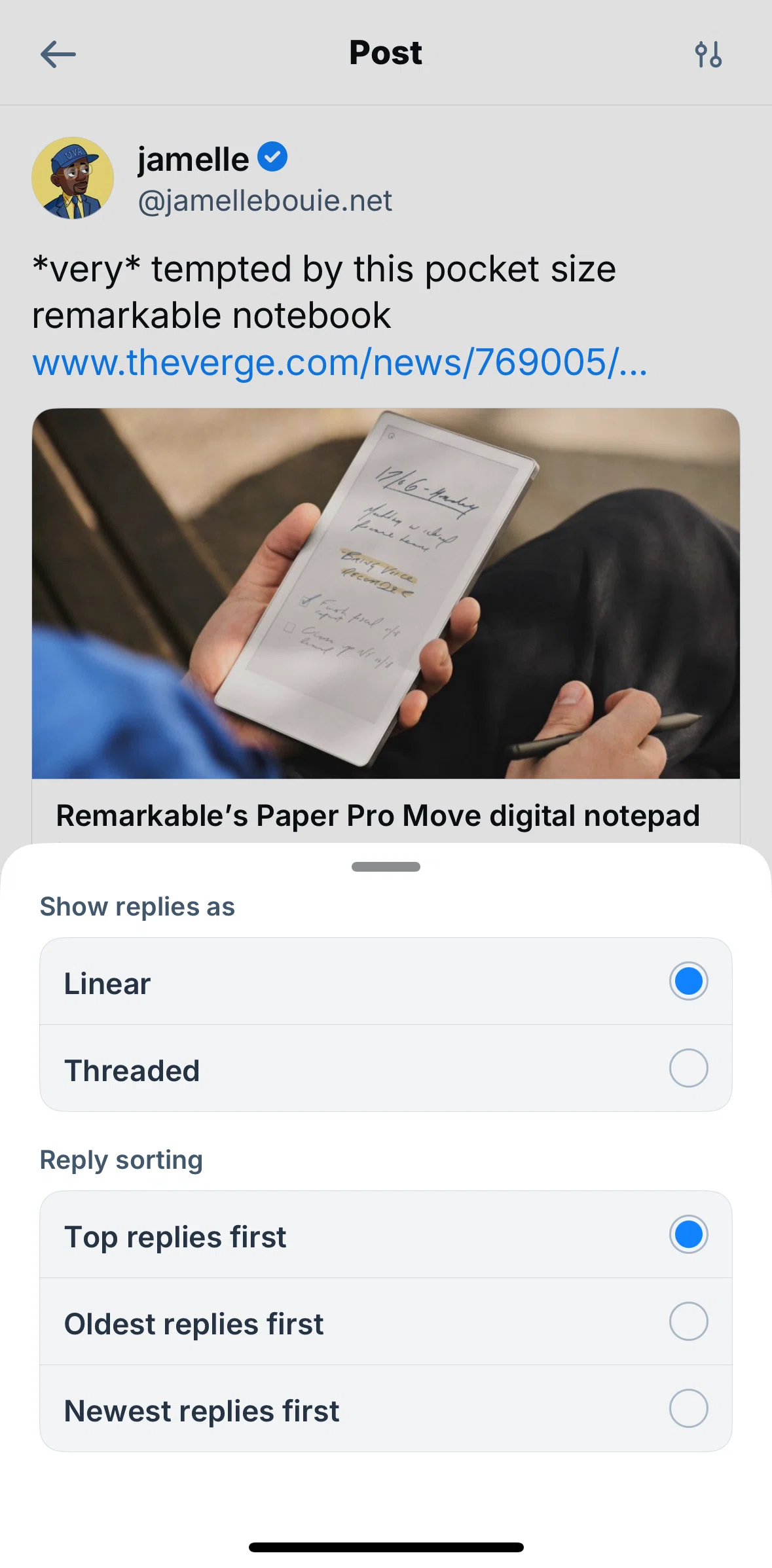 Bluesky Social Screen screen in the Sorting replies flow