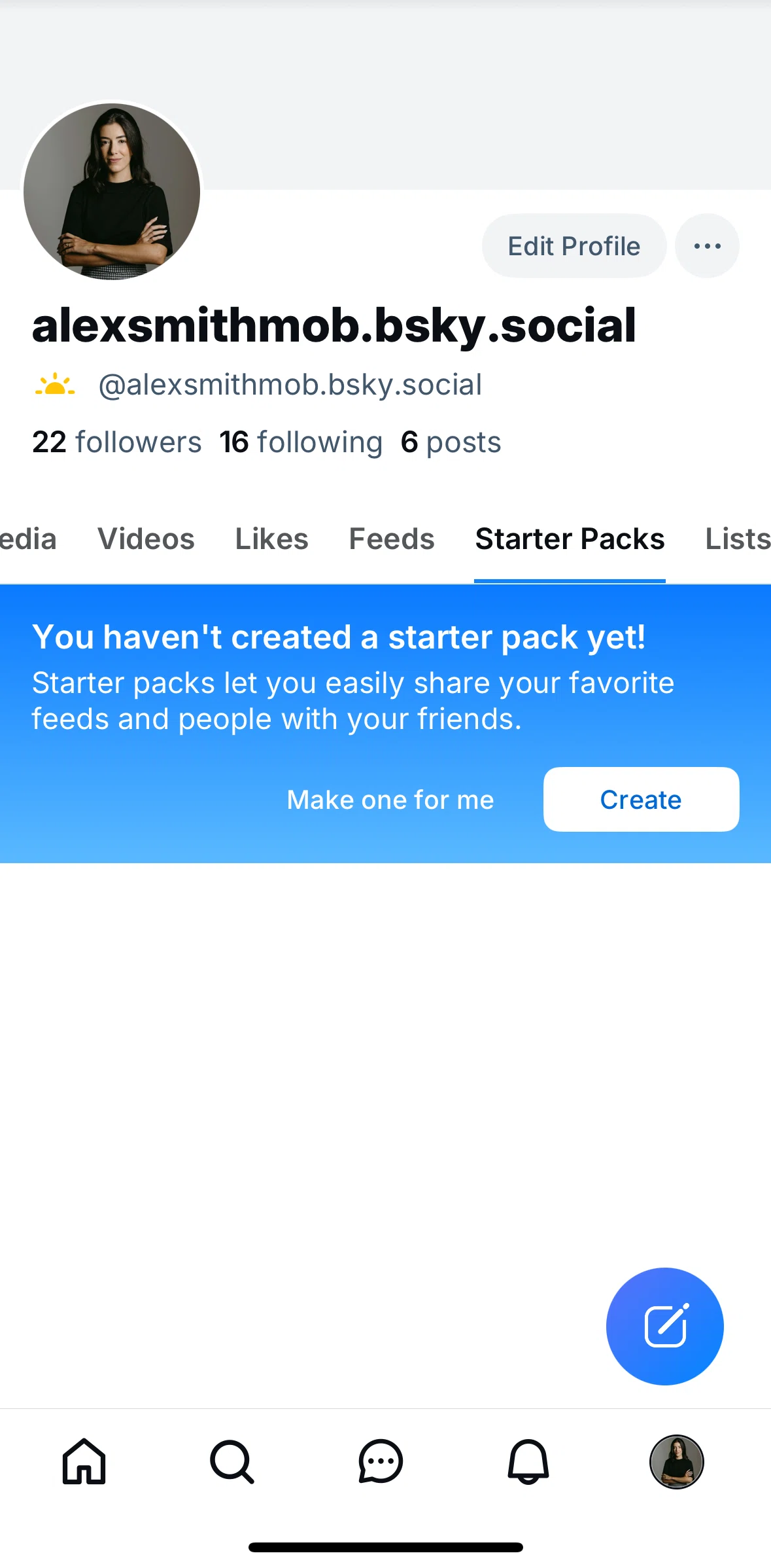 Bluesky Social Screen screen in the Starter packs flow