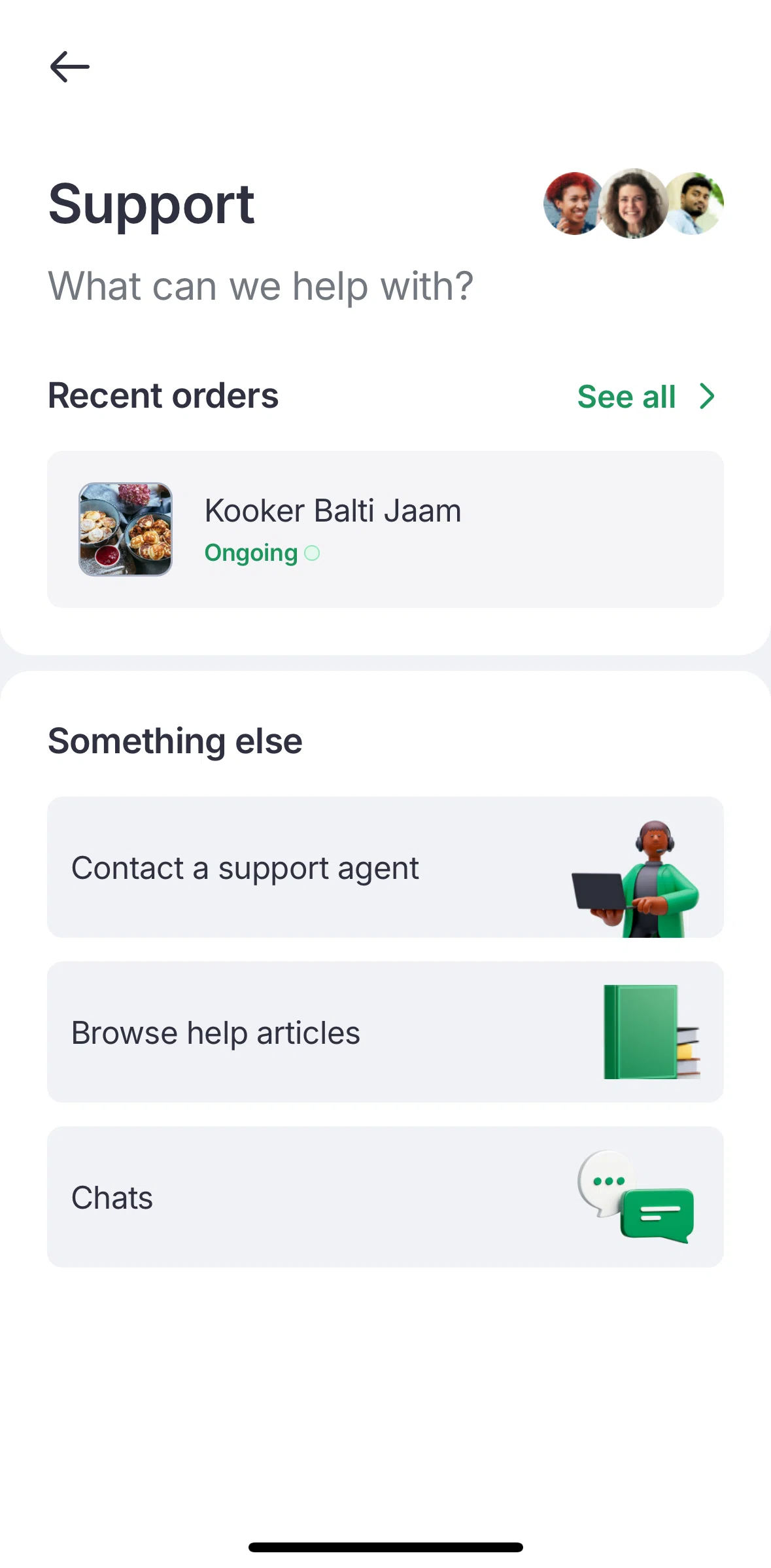 Bolt Food Screen screen in the Chatting with a support agent flow