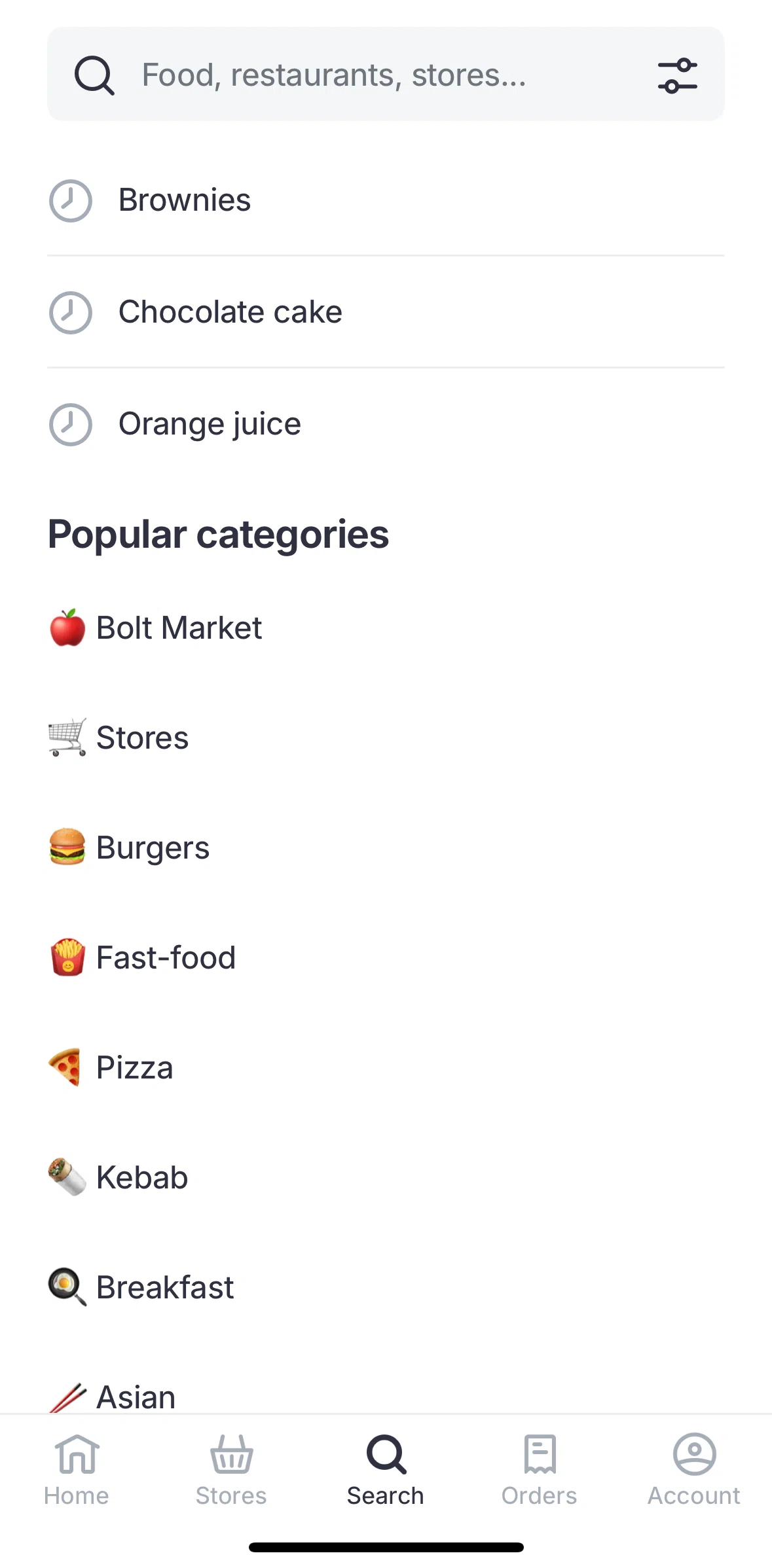 Bolt Food Screen screen in the Deleting search history flow